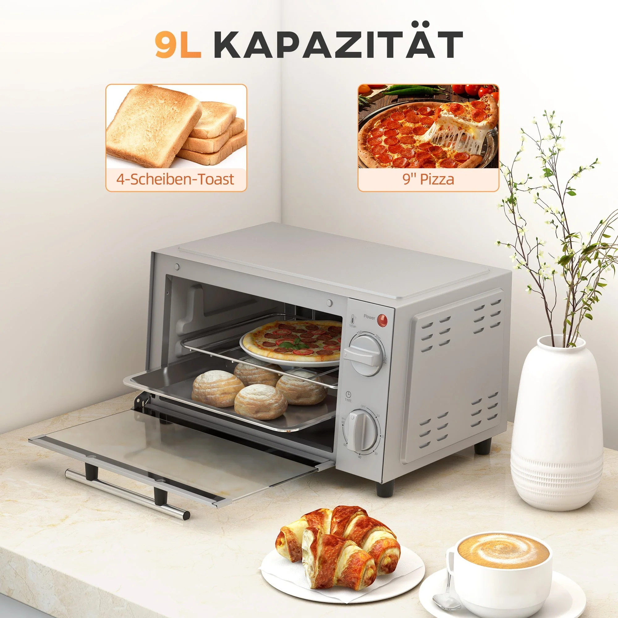 Mini Oven 9L, Baking Tray, Grill Rack, 100-230°C, 60-Min Timer, 750W, Stainless Steel, Silver - Image 4