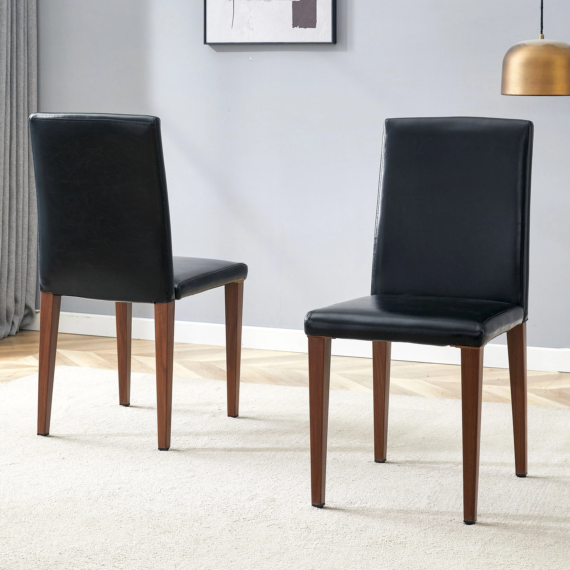 Minimalist Dining Chairs Set of 2, Ergonomic PU Leather with Metal Legs, Black and Walnut Finish - Image 2