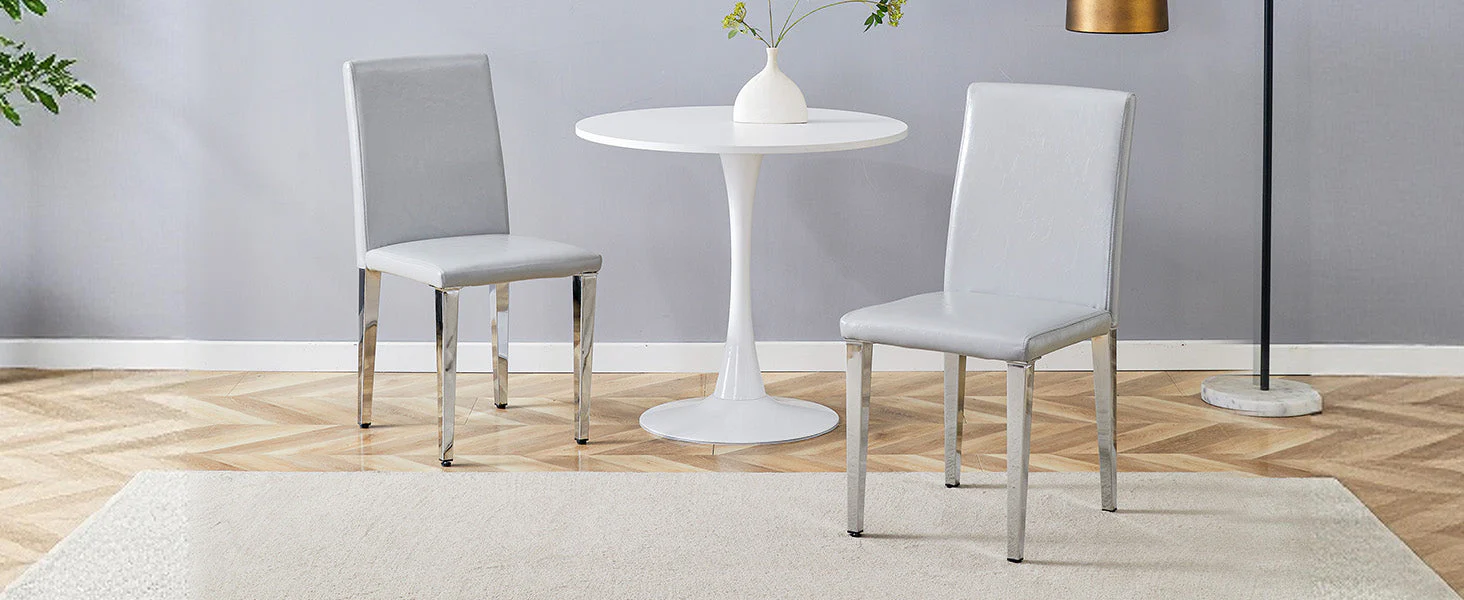 Minimalist Dining Chairs Set of 2, Ergonomic PU Leather with Metal Legs, Grey and Silver - Image 10