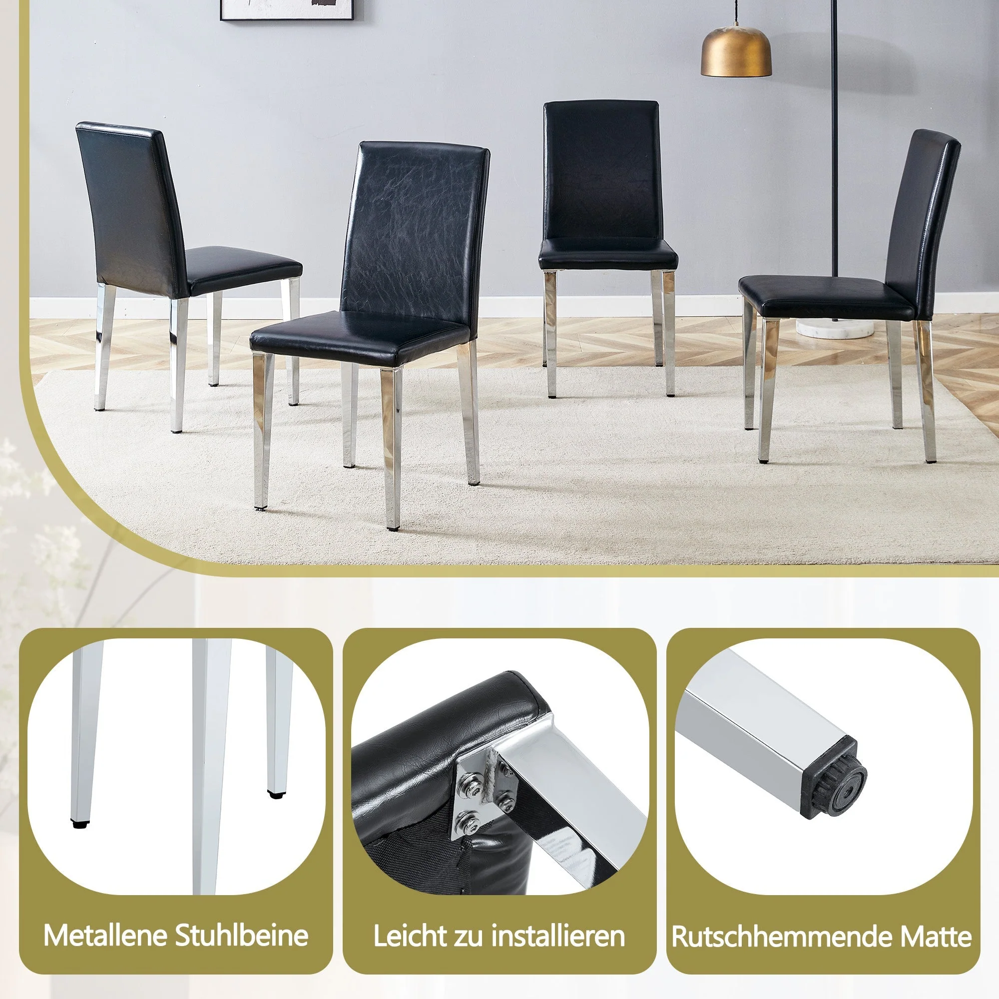 Minimalist Dining Chairs Set of 4, Modern Ergonomic Design with Metal Legs, Black PU Leather and Silver - Image 5