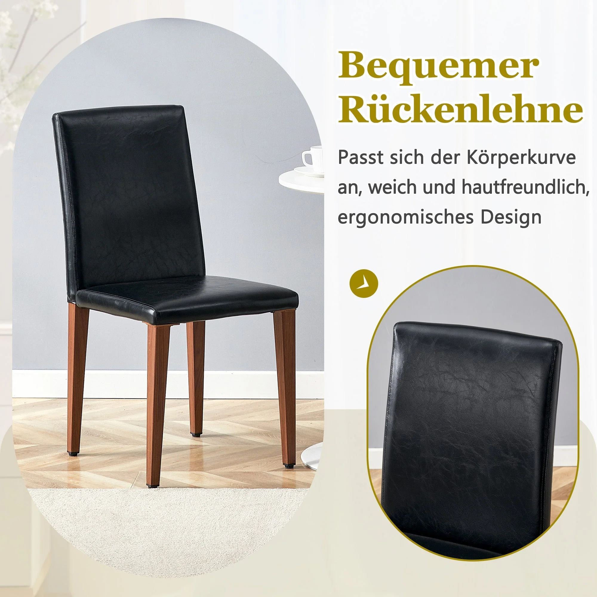 Minimalist Dining Chairs Set of 4, PU Leather and Metal Legs, Black and Walnut finish - Image 6