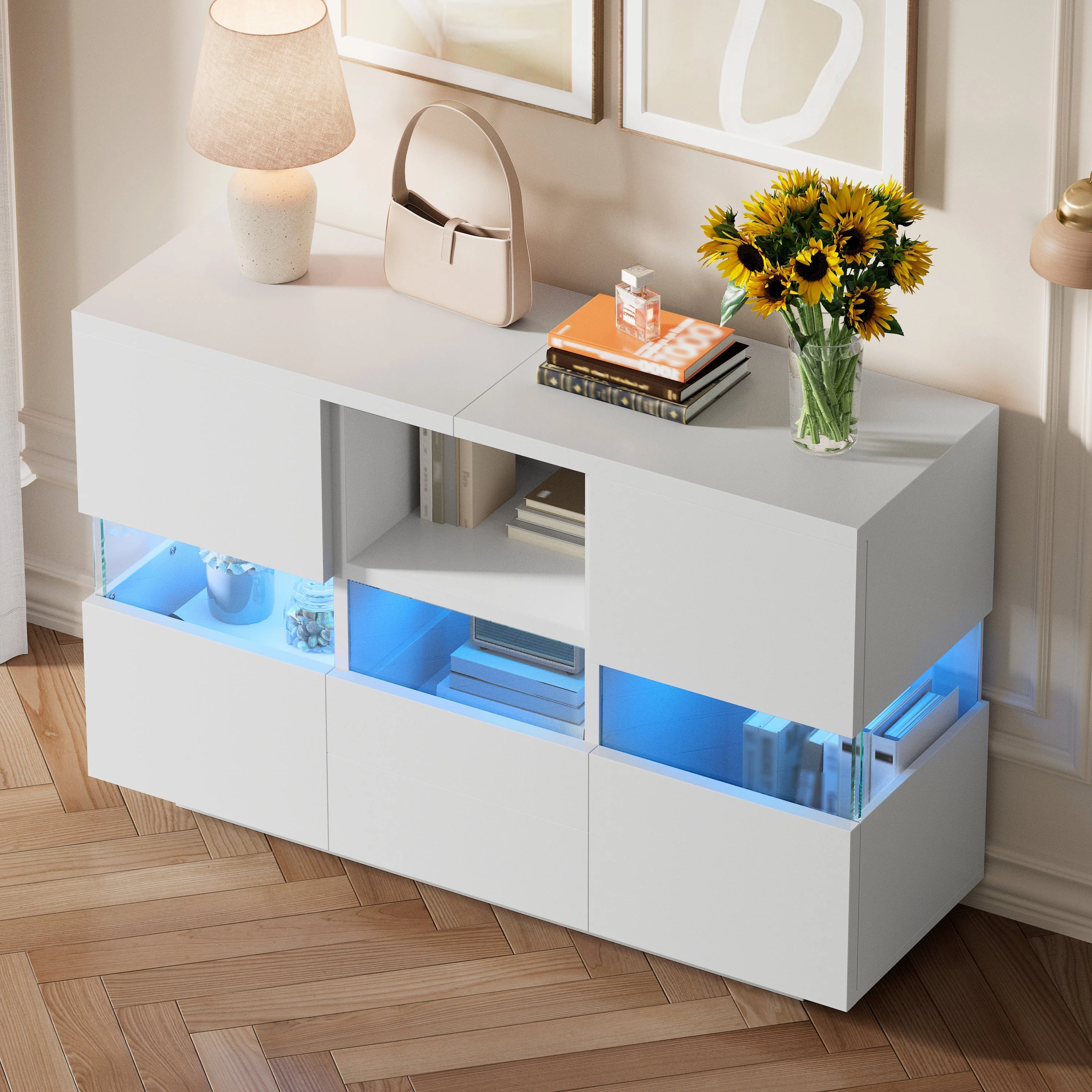 Minimalist Living Room Cabinet Double Level Floating Floor Storage White - Image 3