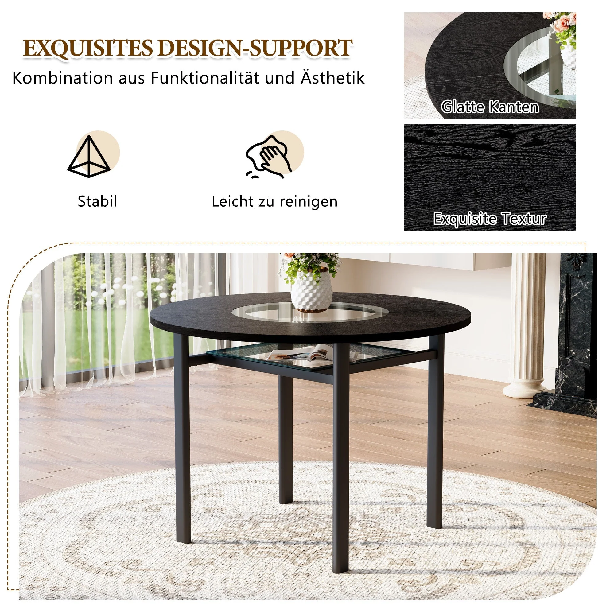 Minimalist Round Table Set 100cm Table 2 PU Armchairs Black Wood Look - Image 8