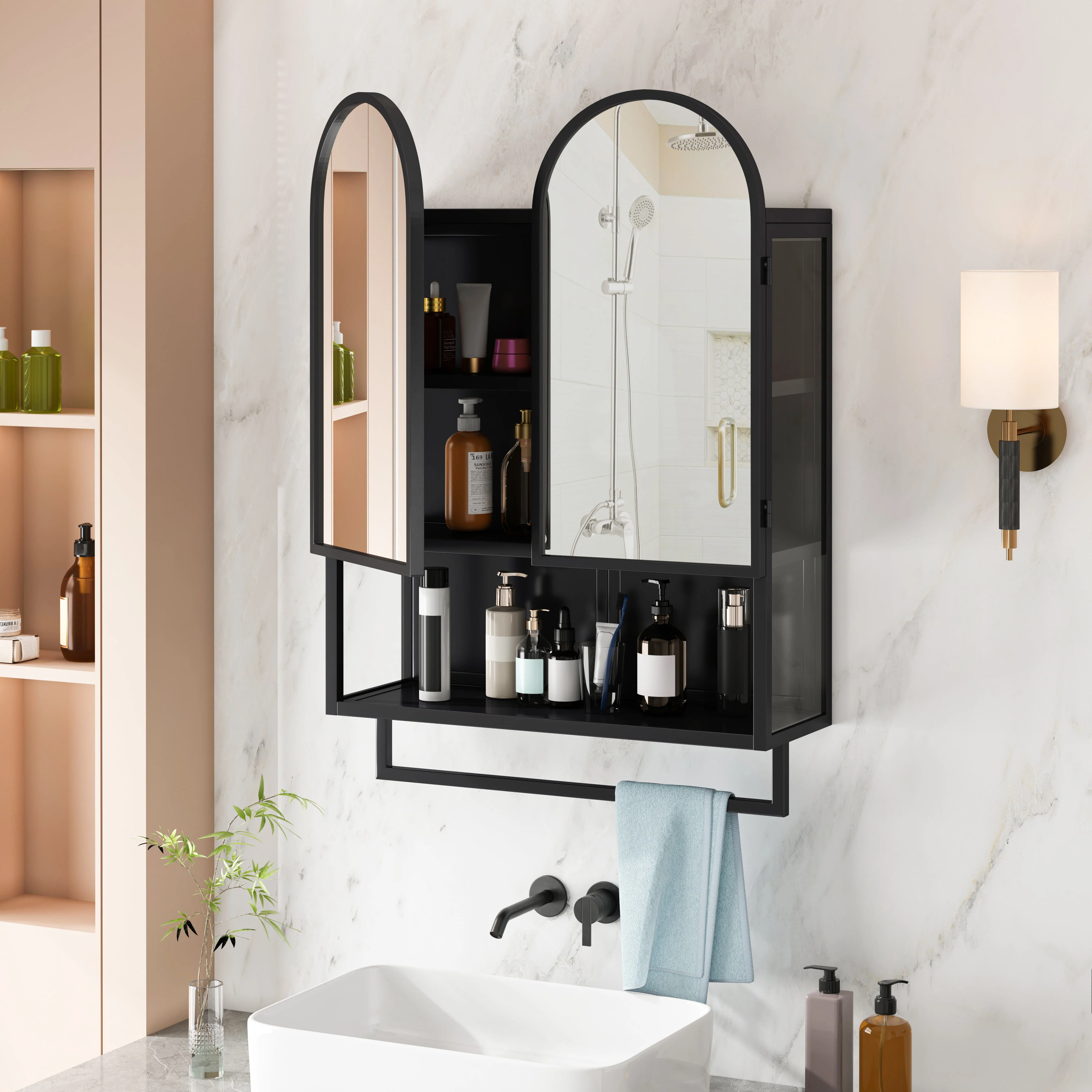 Mirror Cabinet 60CM Double-Arched 2 Doors Open Shelf Metal Black - Image 3