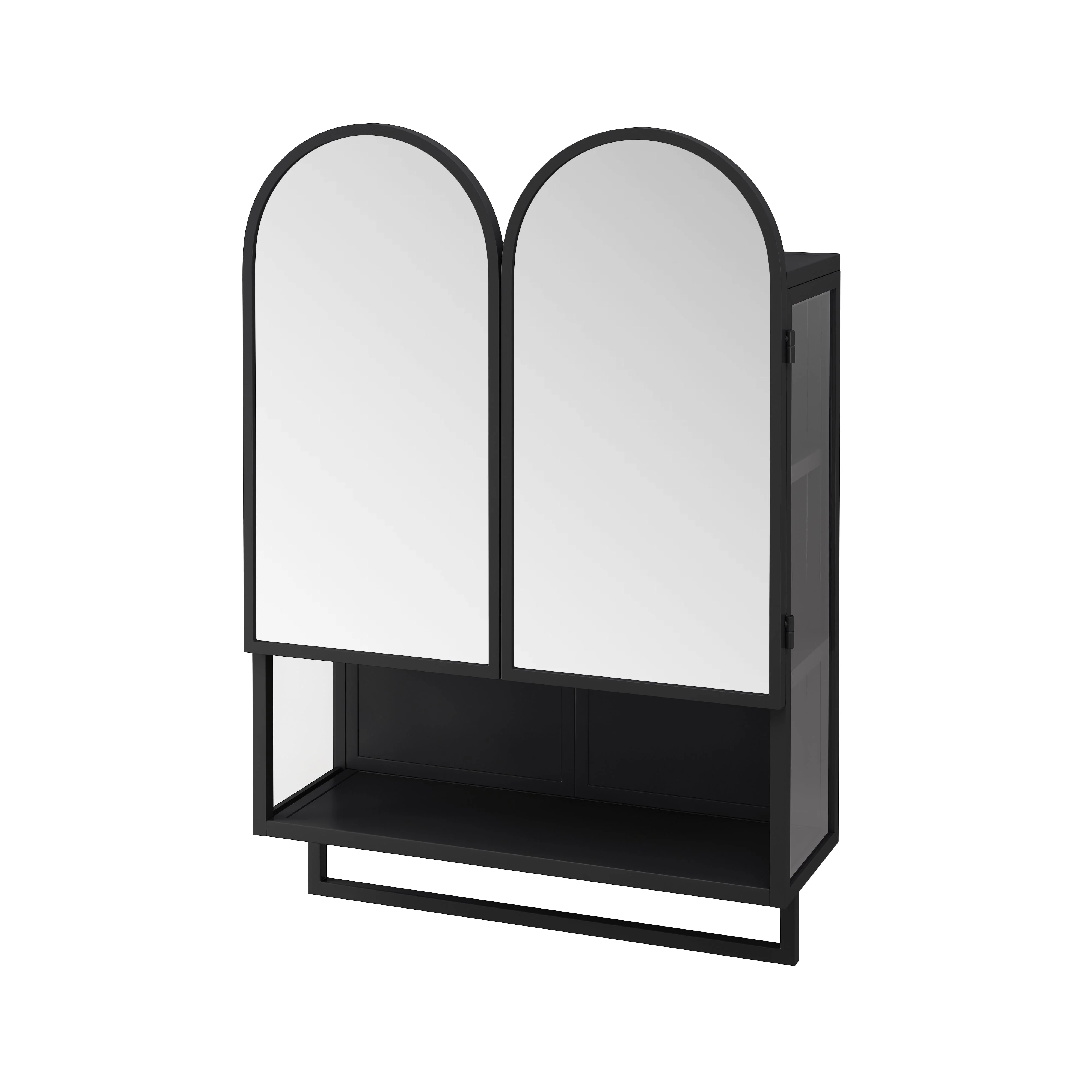 Mirror Cabinet 60CM Double-Arched 2 Doors Open Shelf Metal Black - Image 8