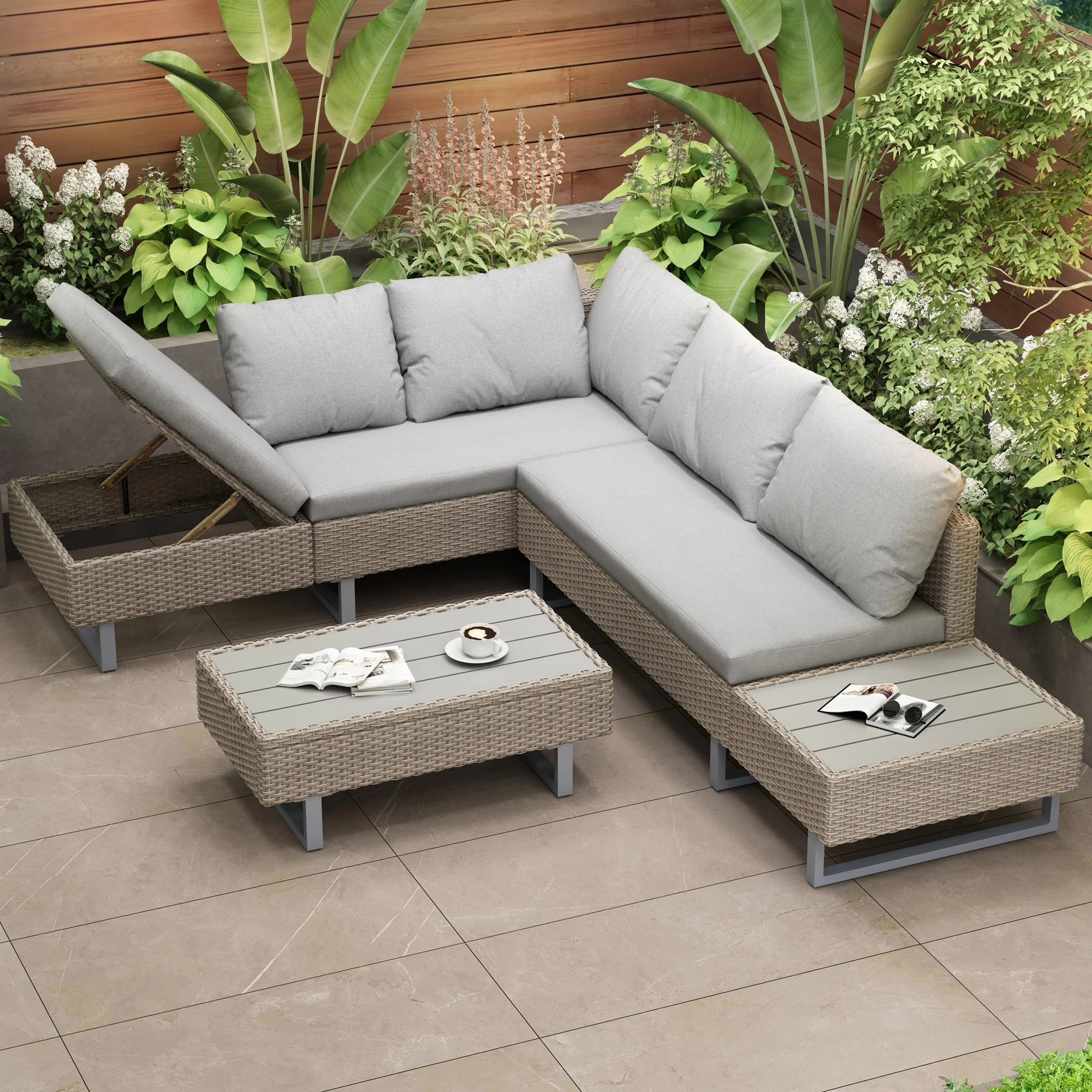 Mixed Khaki Rattan Corner Sofa Set, Anti-UV Cushions, Khaki - Image 2