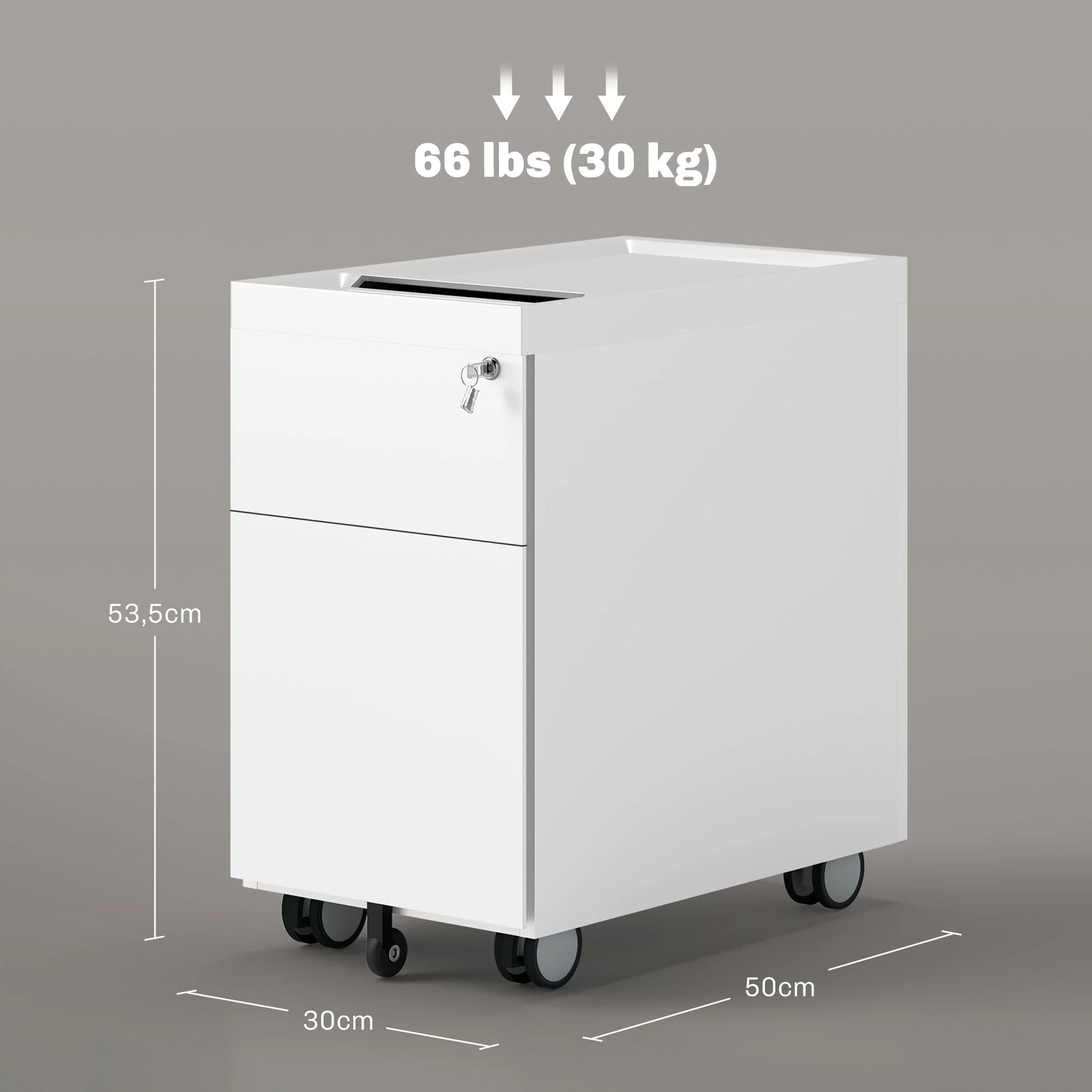 Mobile Filing Cabinet, 3 Drawers Lock A4 Legal Hanging Files, Steel White - Image 3