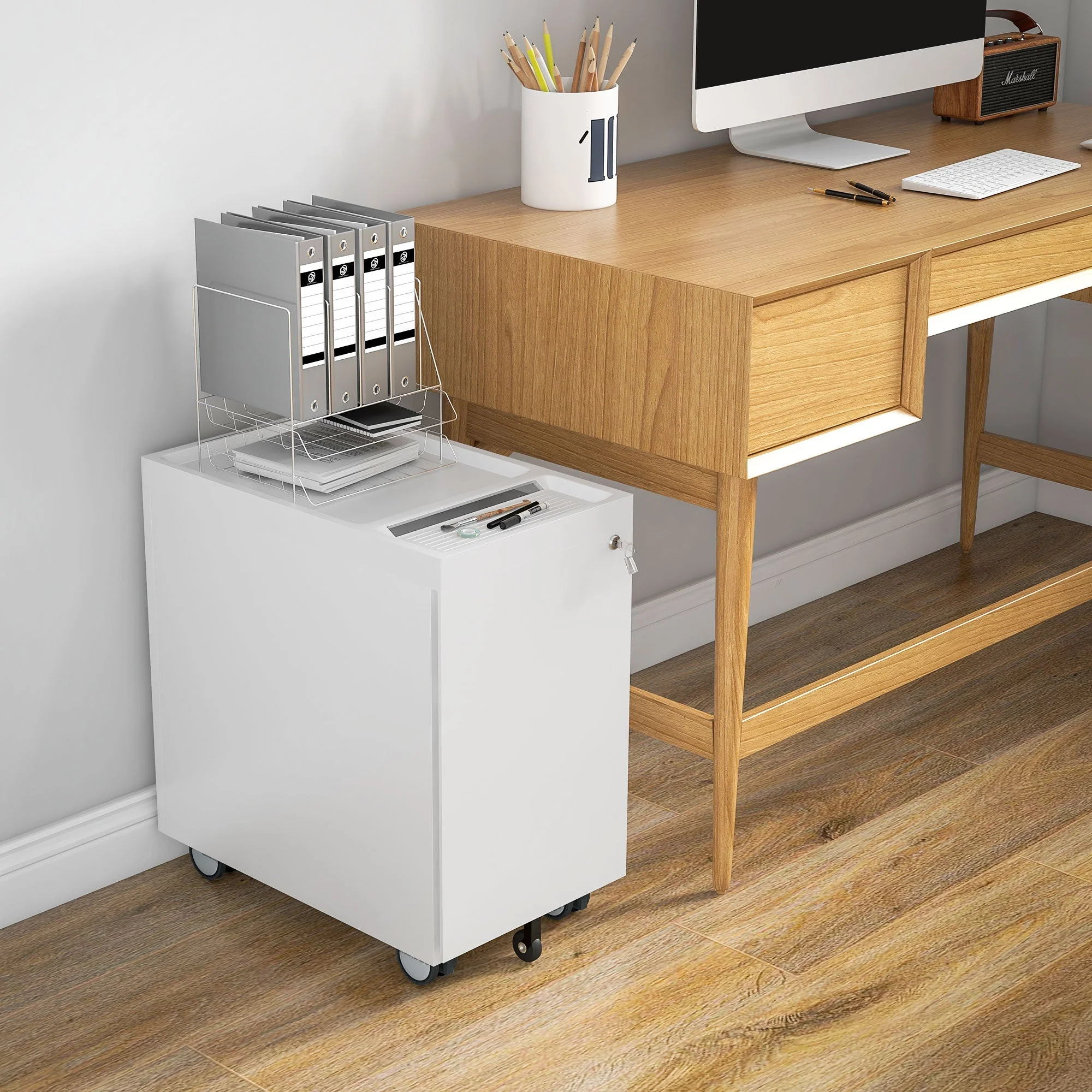 Mobile Filing Cabinet, 3 Drawers Lock A4 Legal Hanging Files, Steel White - Image 7