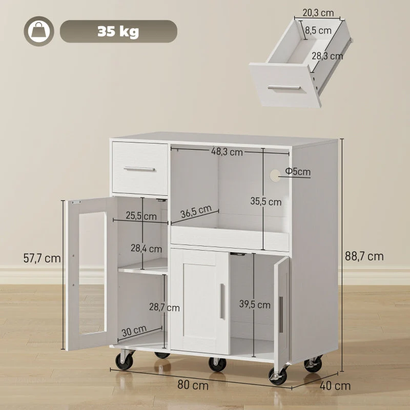 Mobile Kitchen Cabinet with Drawers, Shelves & Cable Hole - White - Image 3
