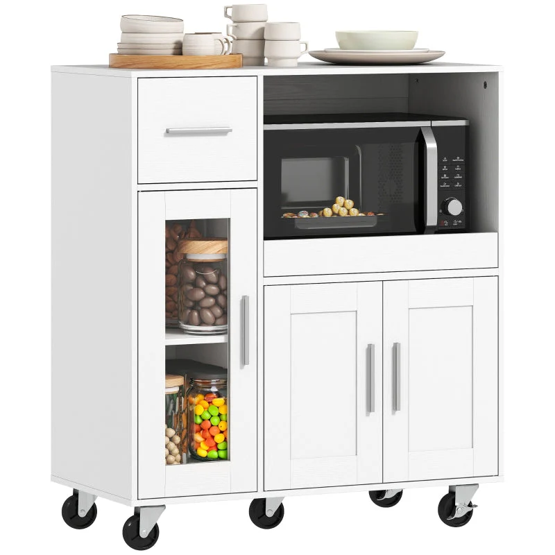 Mobile Kitchen Cabinet with Drawers, Shelves & Cable Hole - White - Image 7