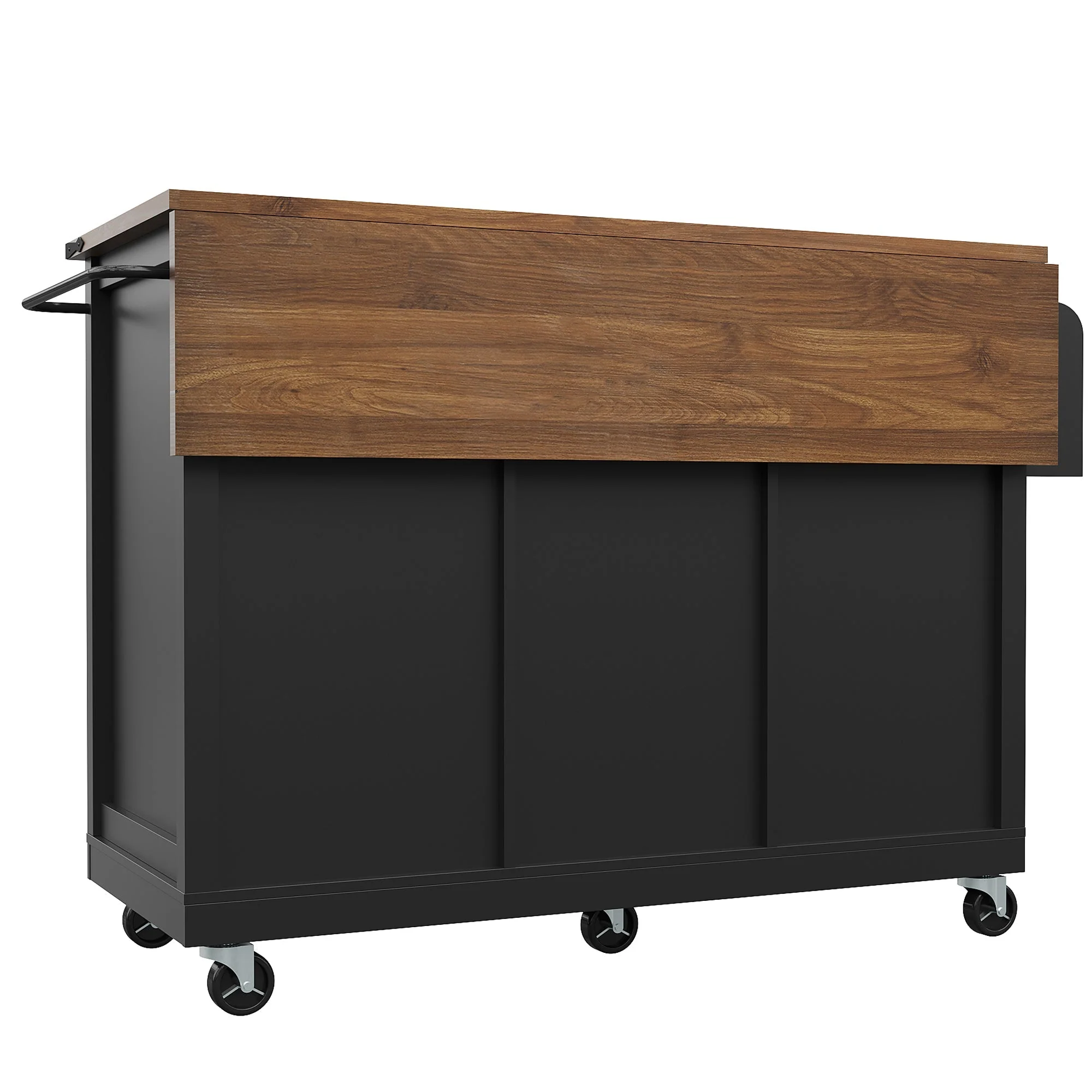 Mobile Kitchen Island Extendable Countertop 2 Sliding Doors 3 Drawers Wood Grain - Black - Image 8