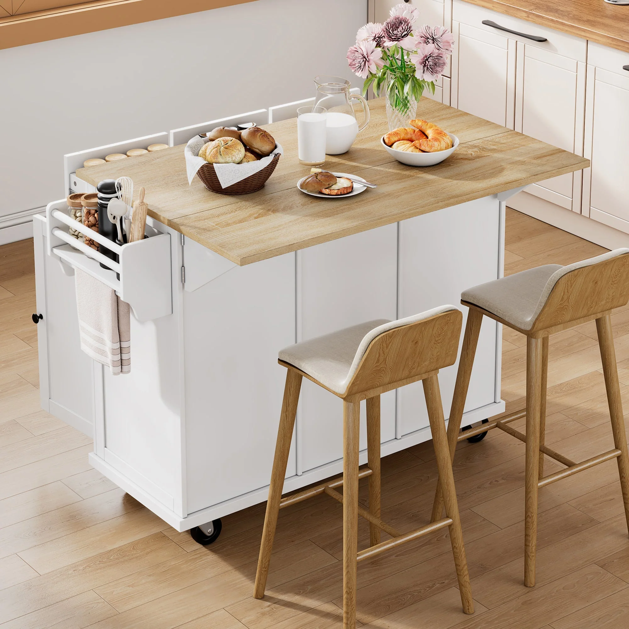Mobile Kitchen Island Extendable Dining Area with Waste Bin & Drawers, White - Image 4