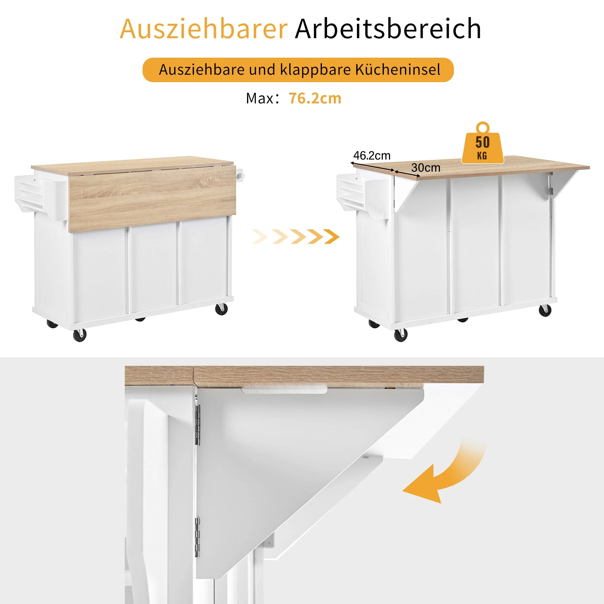 Mobile Kitchen Island Extendable Dining Area with Waste Bin & Drawers, White - Image 7