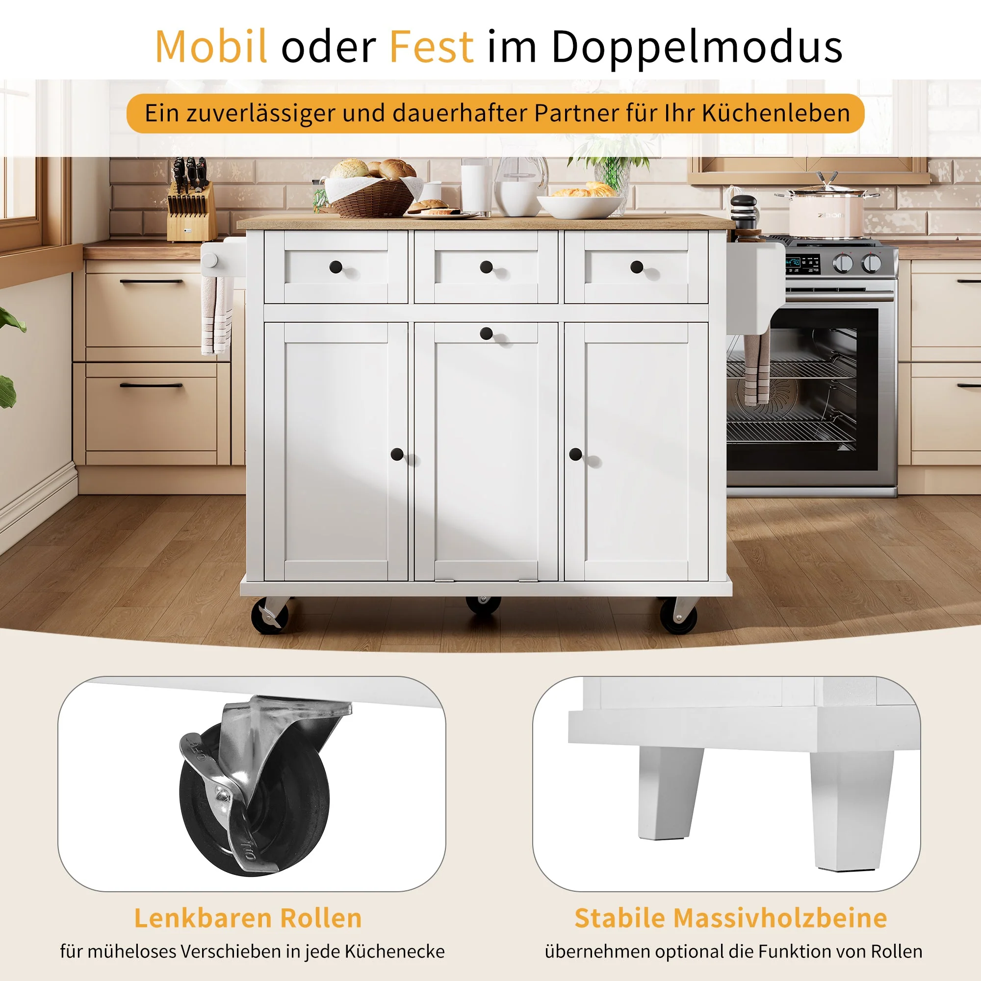 Mobile Kitchen Island Extendable Dining Area with Waste Bin & Drawers, White - Image 9