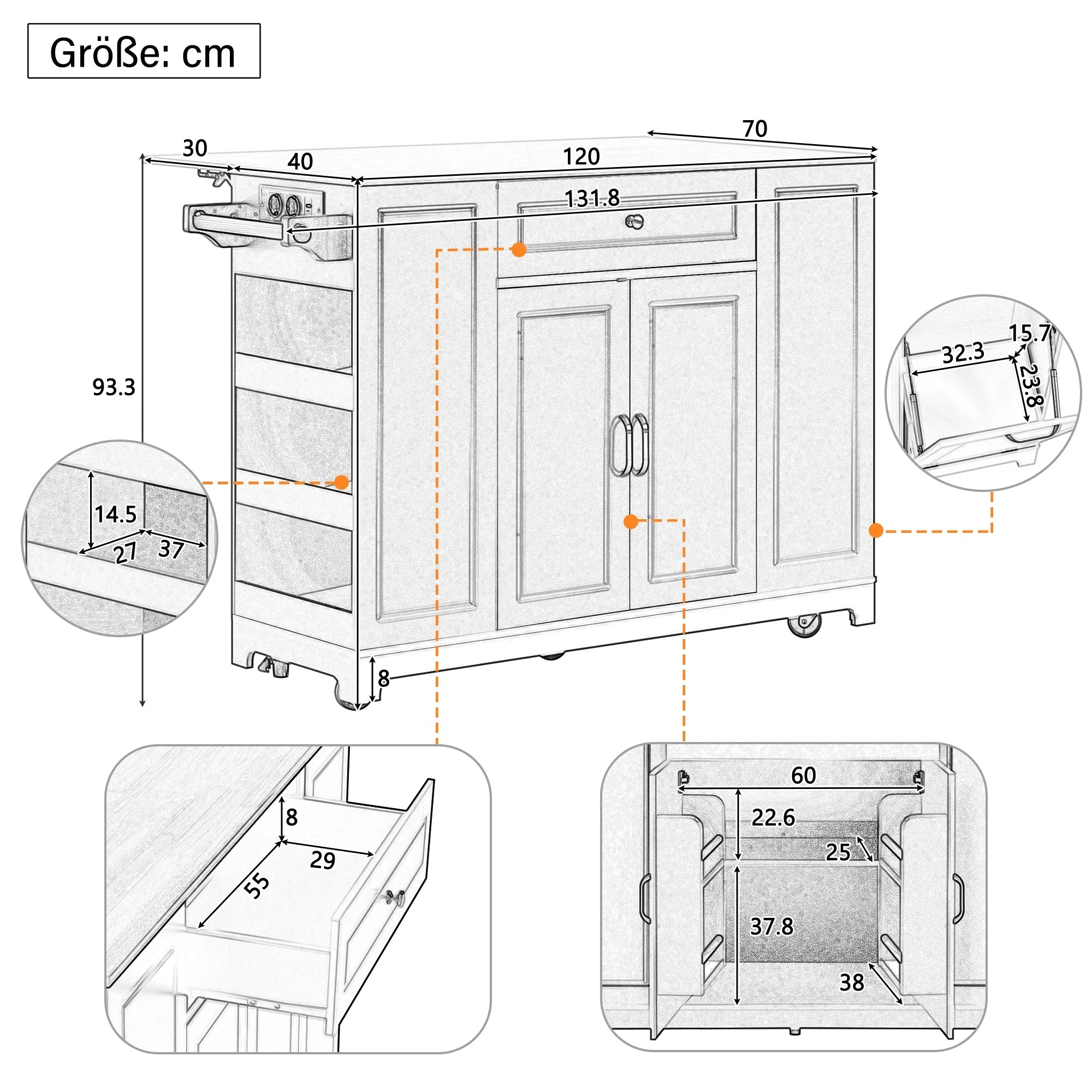 Mobile Kitchen Island Extendable Dining Storage Drawers Waste Bin - White - Image 4