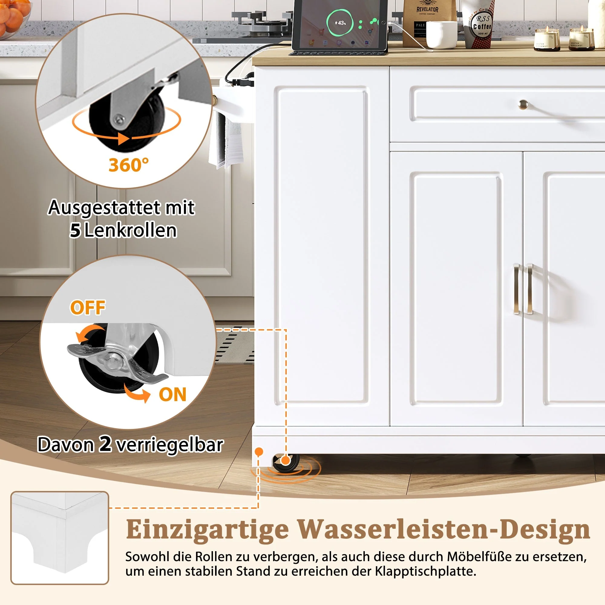 Mobile Kitchen Island Extendable Dining Storage Drawers Waste Bin - White - Image 9