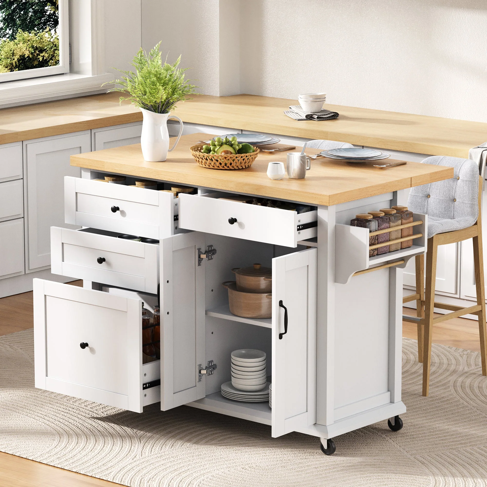 Mobile Kitchen Island, Extendable Dining Table Multifunctional Drawers, White - Image 2