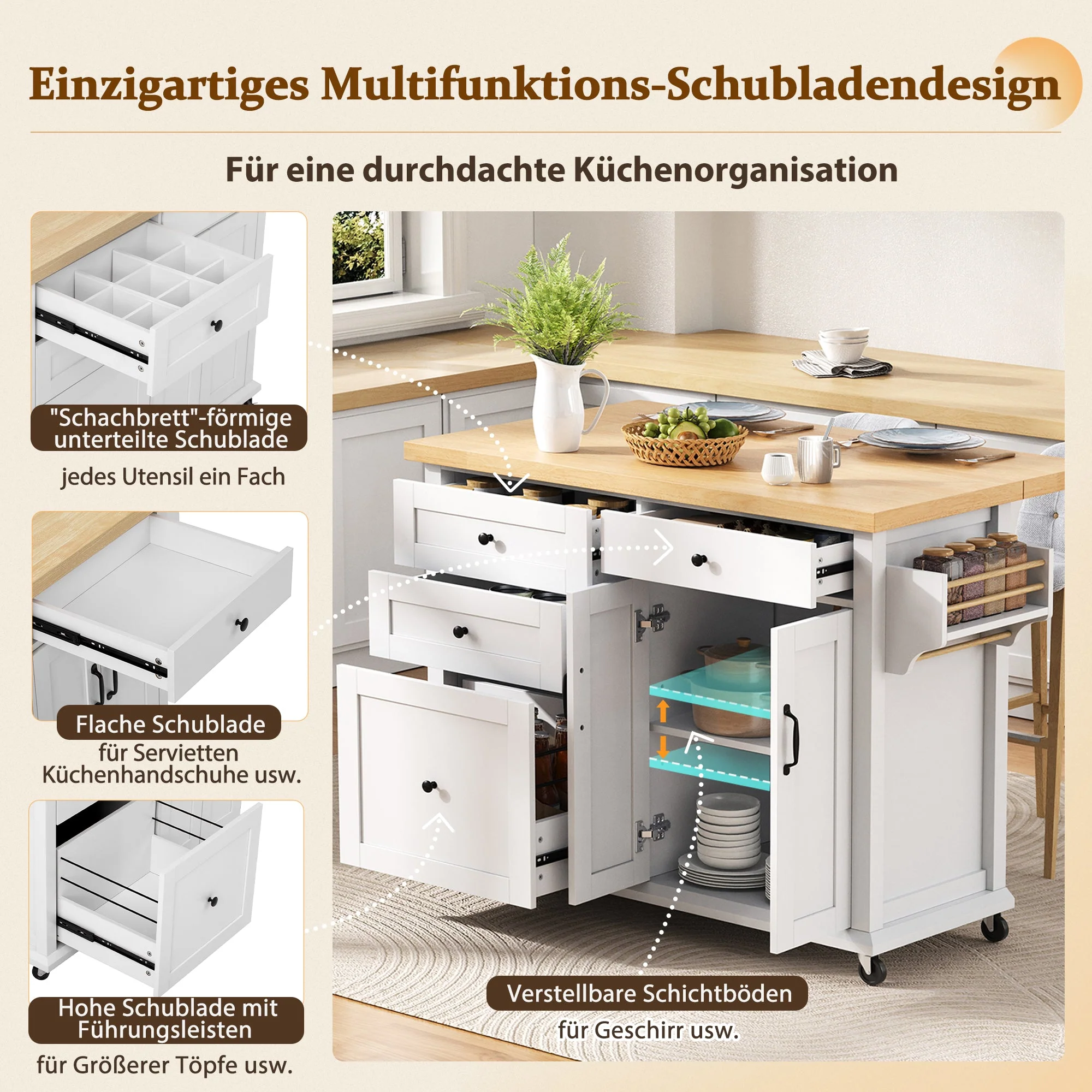 Mobile Kitchen Island, Extendable Dining Table Multifunctional Drawers, White - Image 8