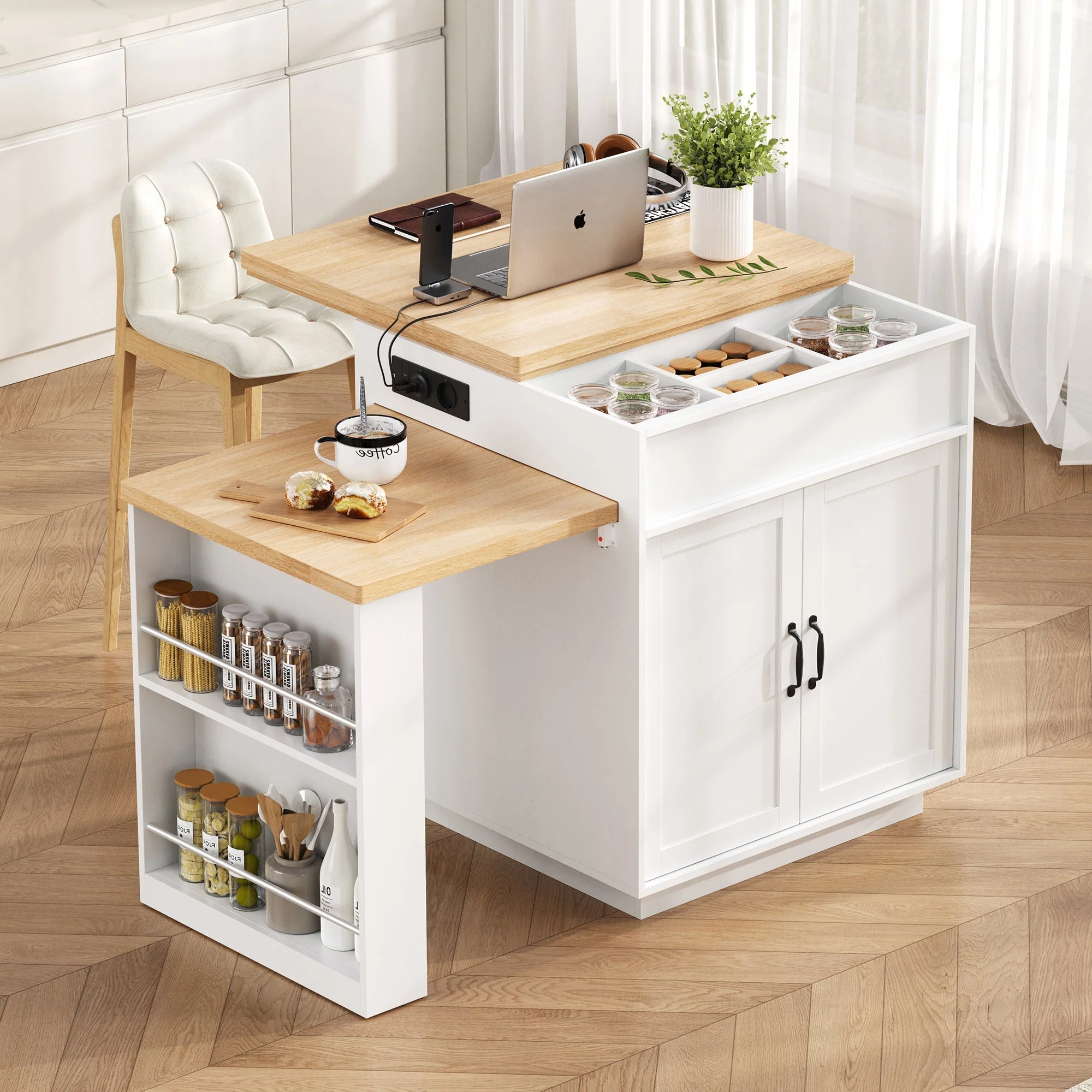 Mobile Kitchen Island Extendable Dining Table with LED & Power Strips - White - Image 3