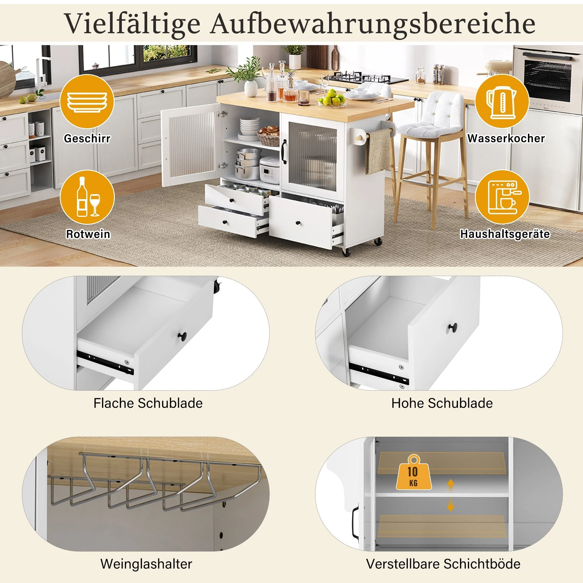Mobile Kitchen Island Extendable Table Wheels Wine Glass Holder Storage - White - Image 8