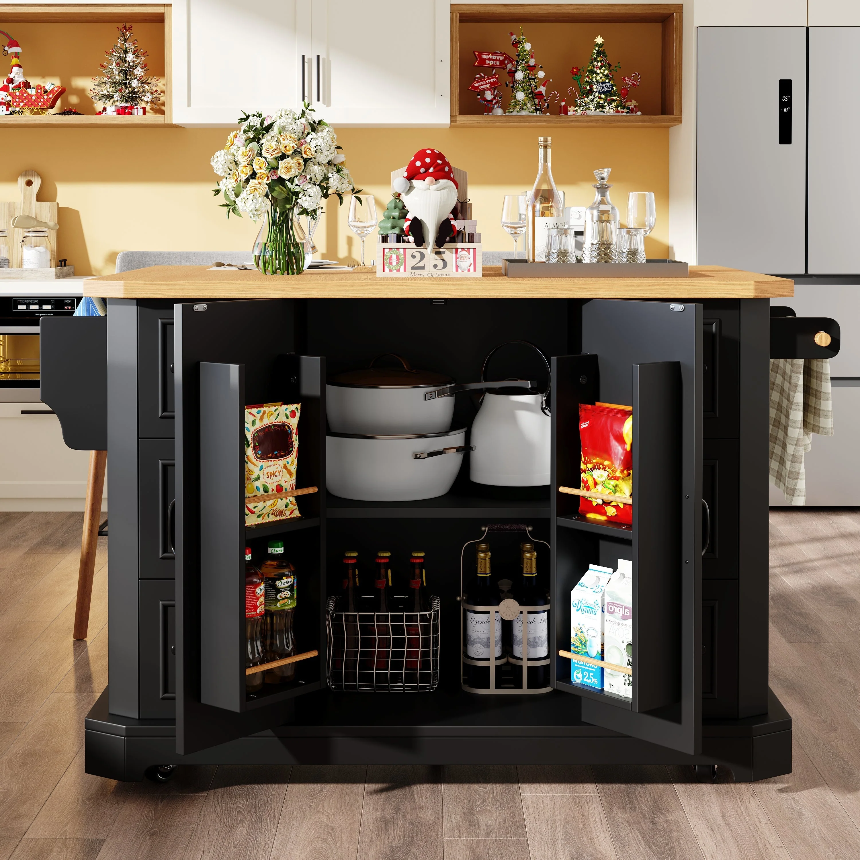 Mobile Kitchen Island with 2 Doors and 6 Drawers, White and Black - Image 13