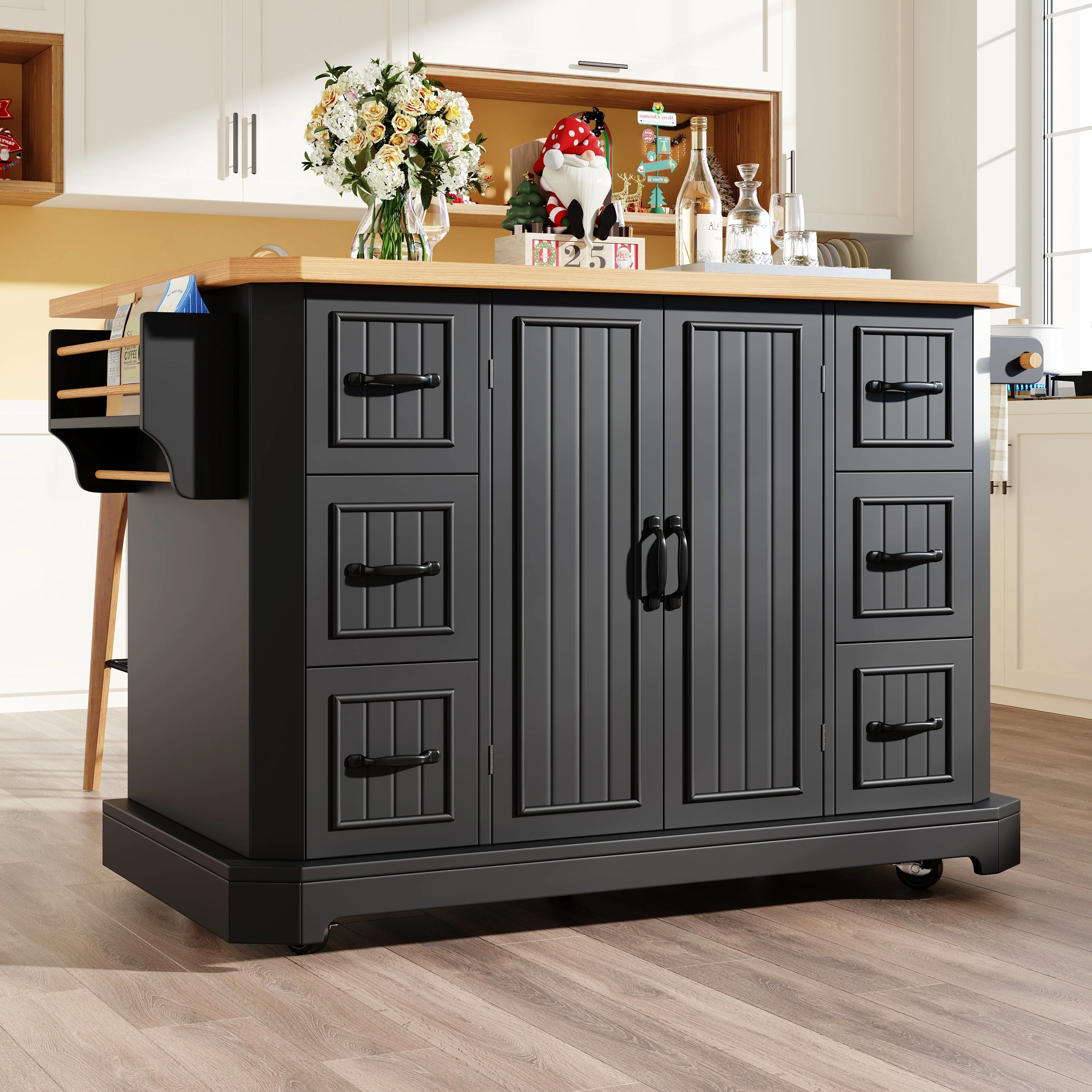 Mobile Kitchen Island with 2 Doors and 6 Drawers, White and Black - Image 17