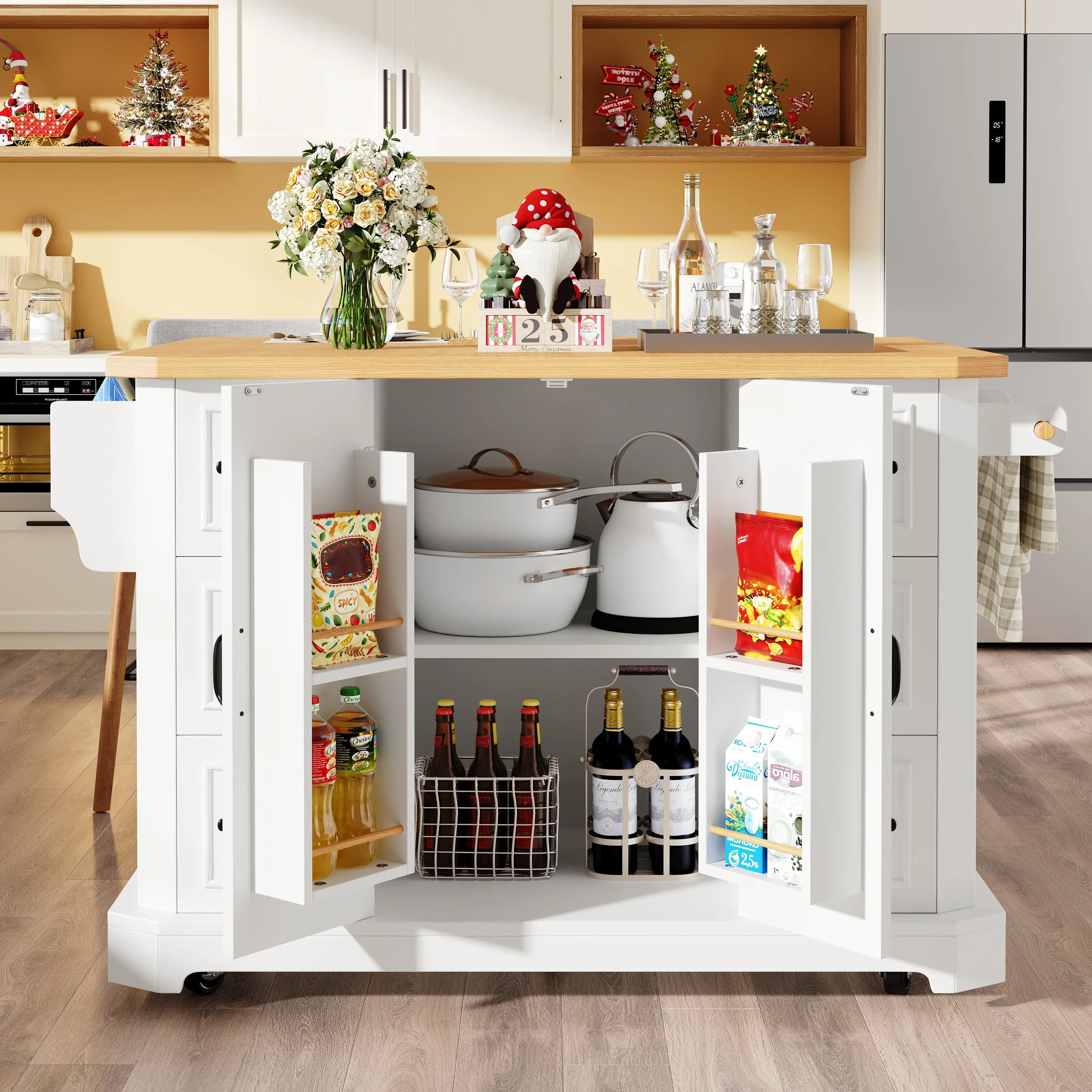 Mobile Kitchen Island with 2 Doors and 6 Drawers, White and Black - Image 4