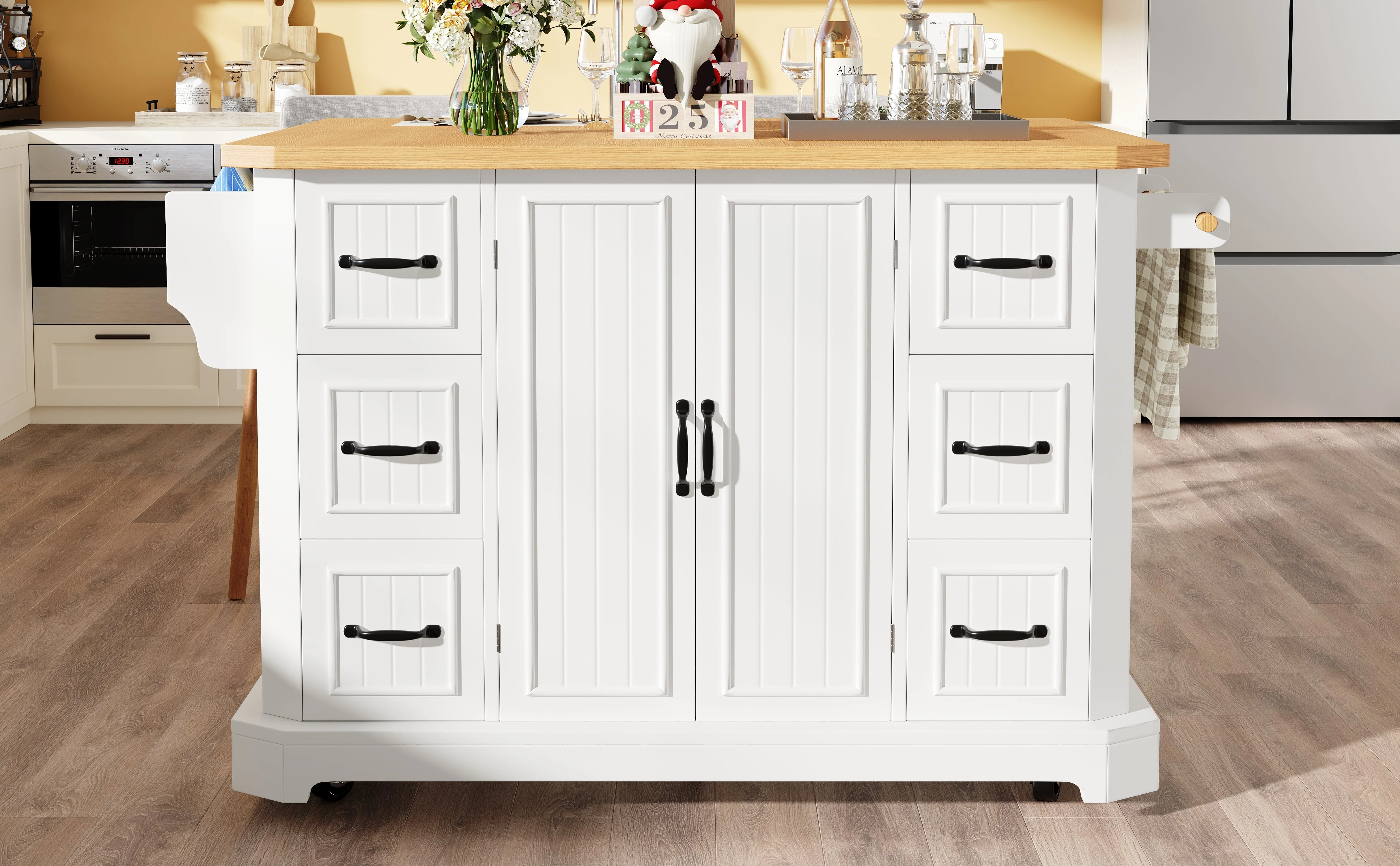 Mobile Kitchen Island with 2 Doors and 6 Drawers, White and Black - Image 8
