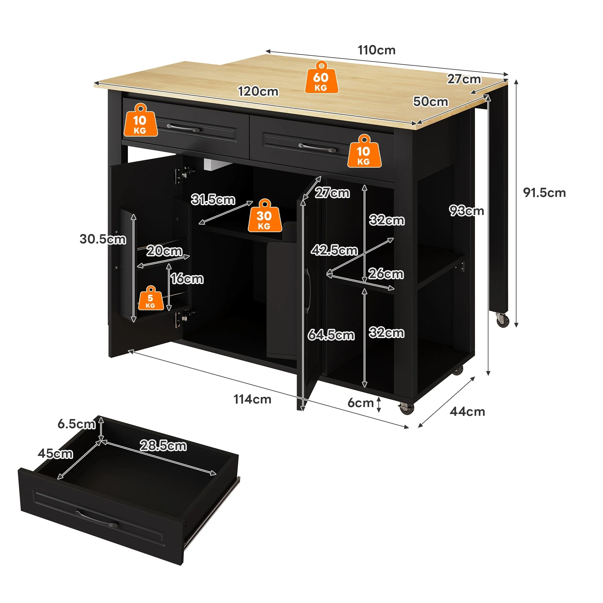 Mobile Kitchen Island with Extendable Bar Counter and Power Outlets, Wood Look - Image 6