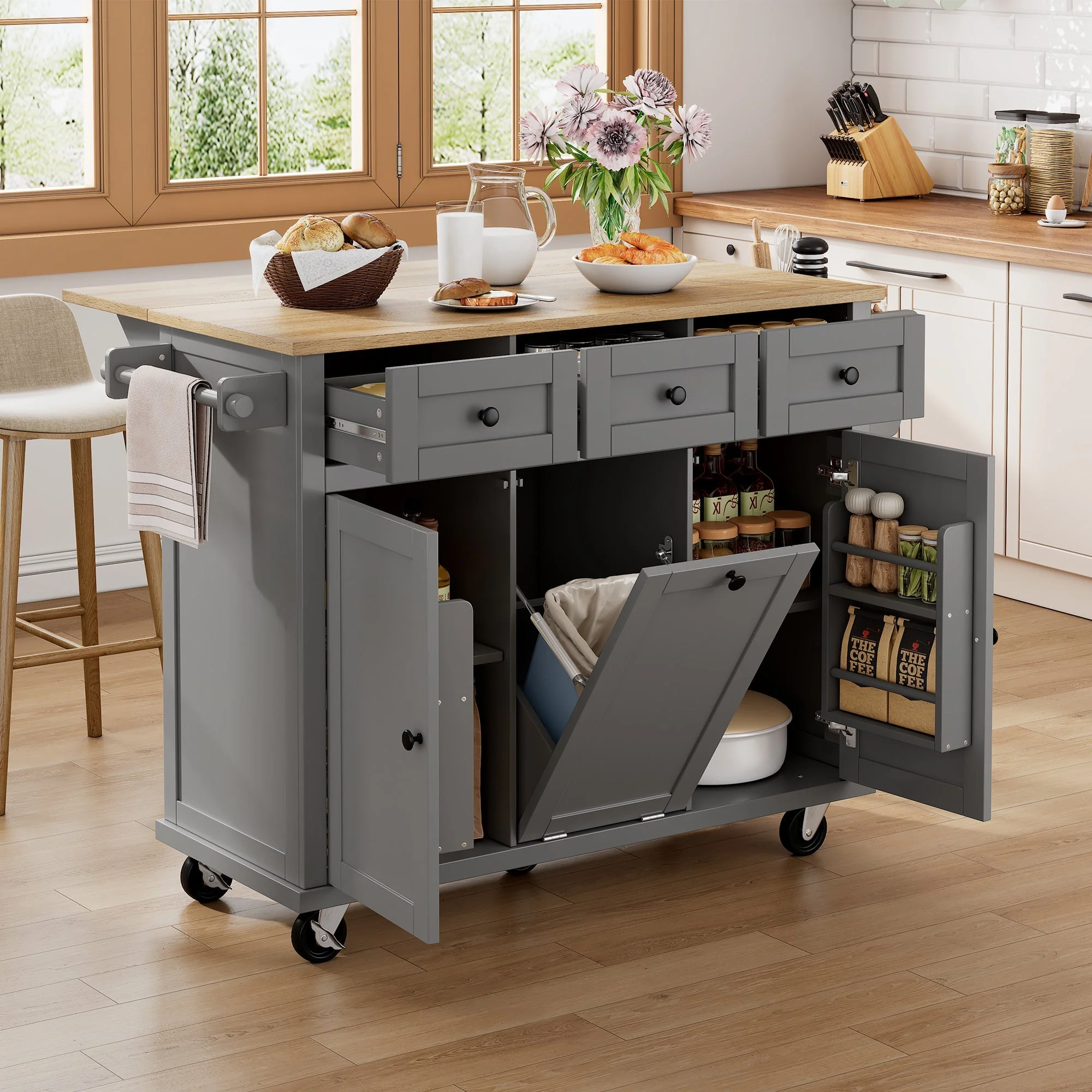 Mobile Kitchen Island with Extendable Dining Area and Waste Bin, Grey - Image 3
