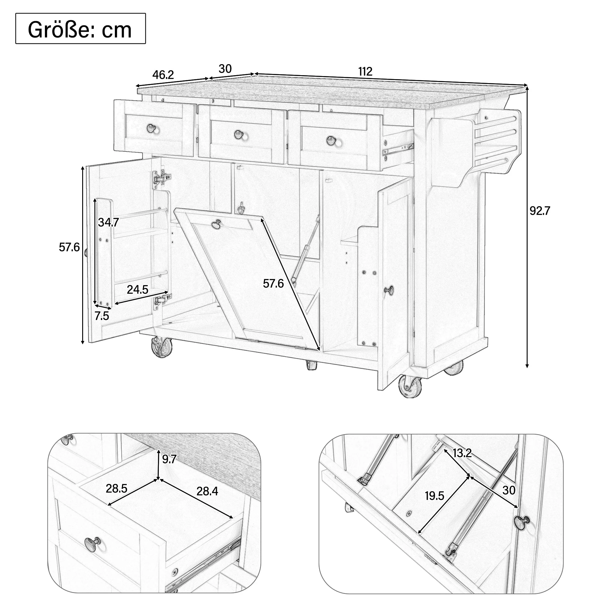 Mobile Kitchen Island with Extendable Dining Area and Waste Bin, Grey - Image 5