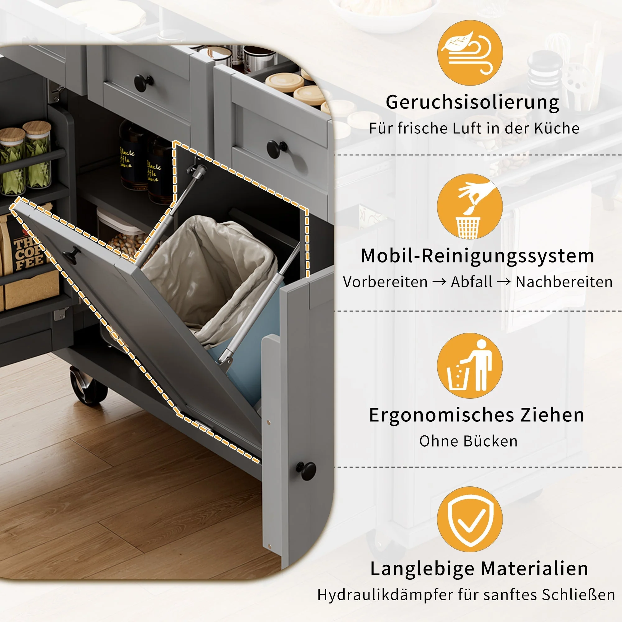Mobile Kitchen Island with Extendable Dining Area and Waste Bin, Grey - Image 8