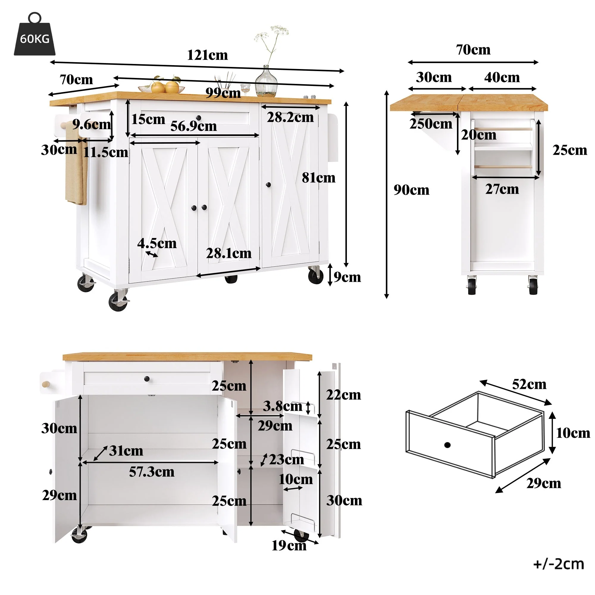 Mobile Kitchen Island with Foldable Table and Storage Drawers, White MDF - Image 6