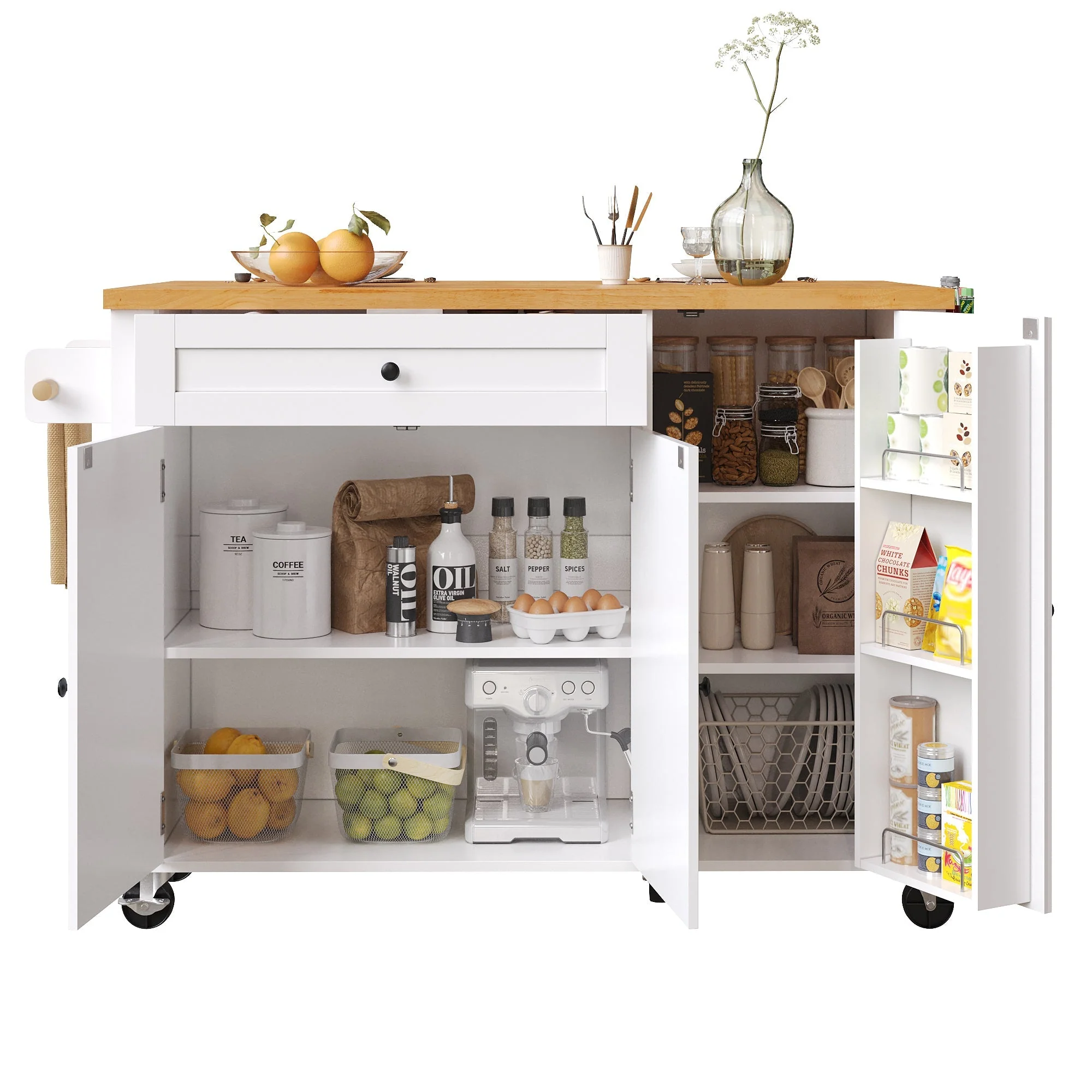 Mobile Kitchen Island with Foldable Table and Storage Drawers, White MDF - Image 8