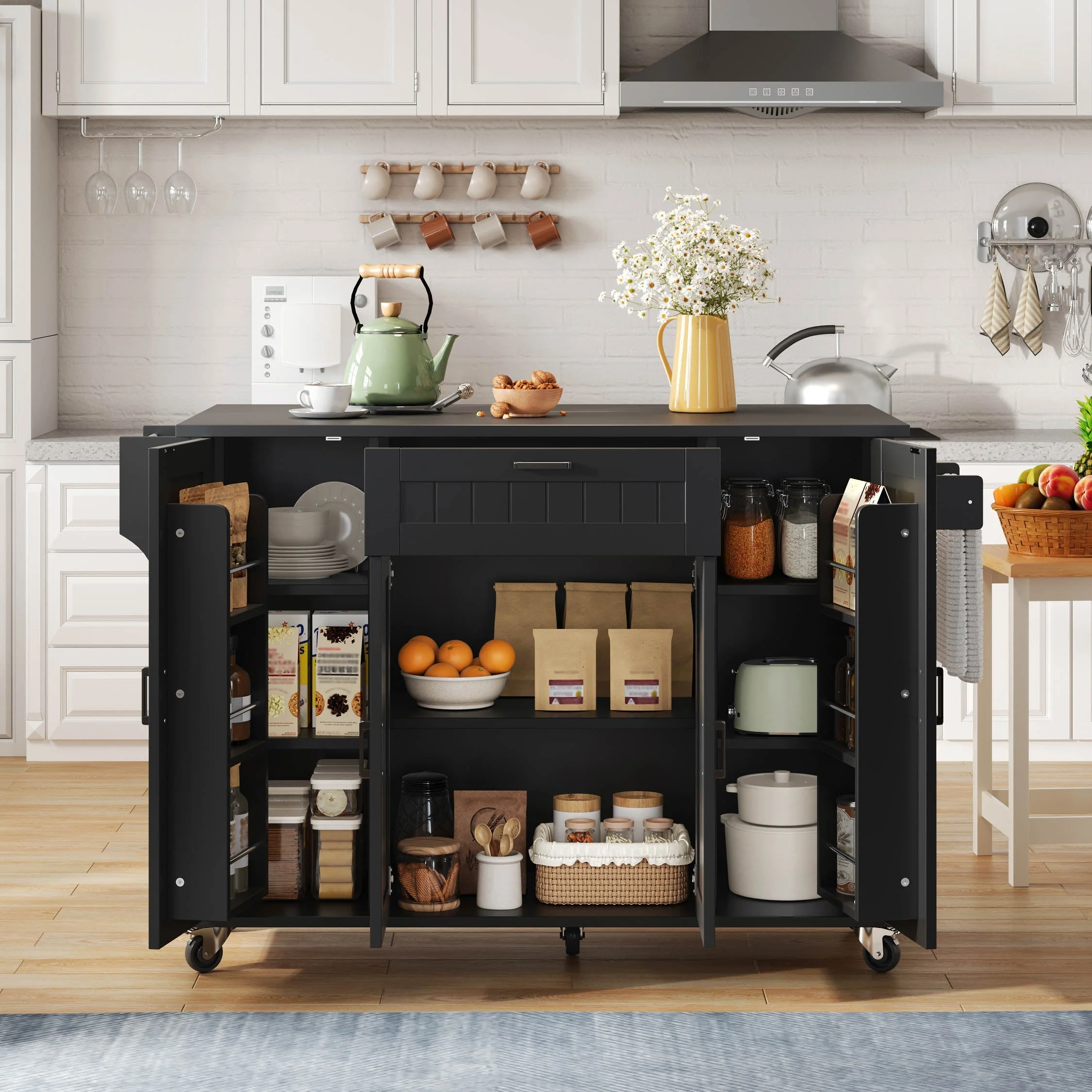 Mobile Kitchen Island with Folding Worktop and Storage Cabinet 4 Doors Black - Image 10
