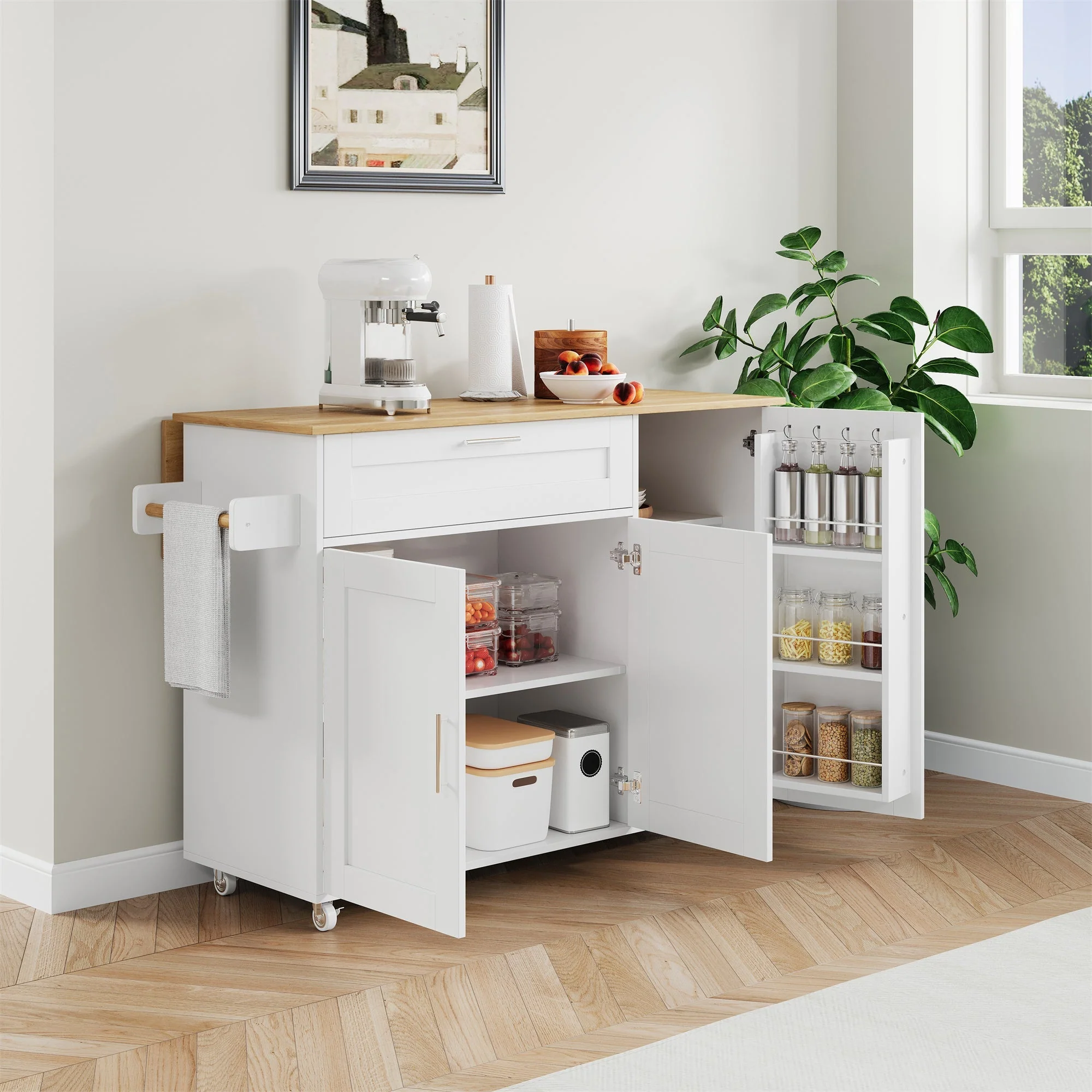 Mobile Kitchen Table 132.5cm Folding Worktop Storage Spice/Towel Rack - Oak Grain - Image 5