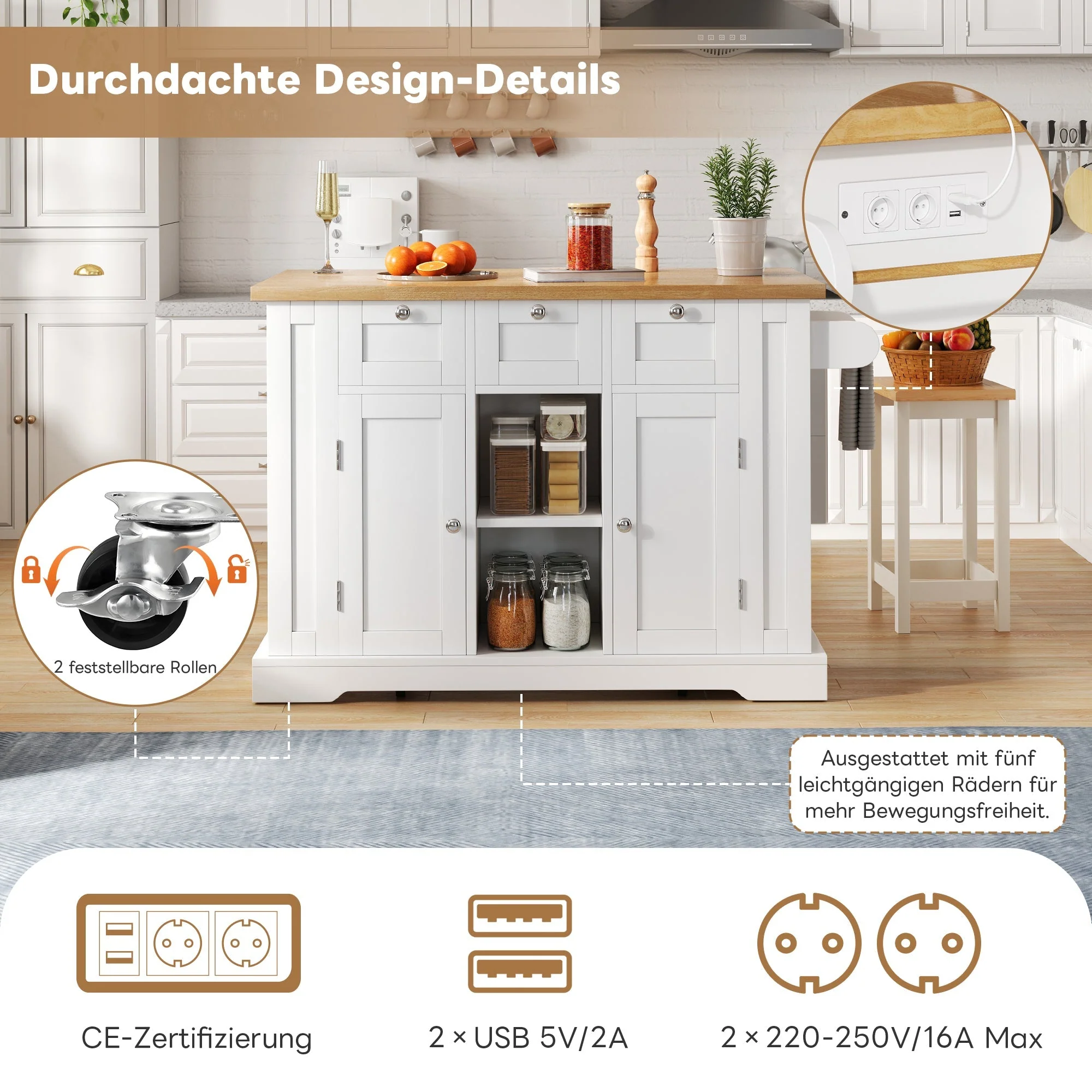 Mobile Kitchen Table 132cm Folding Worktop Multifunctional Cabinet 5 Wheels Integrated Socket - Image 7