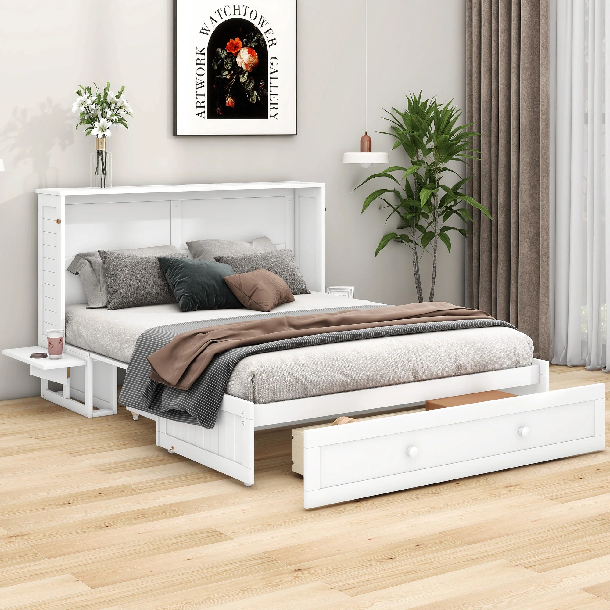 Mobile Murphy Bed 140x200 Drawers Side Shelf, White