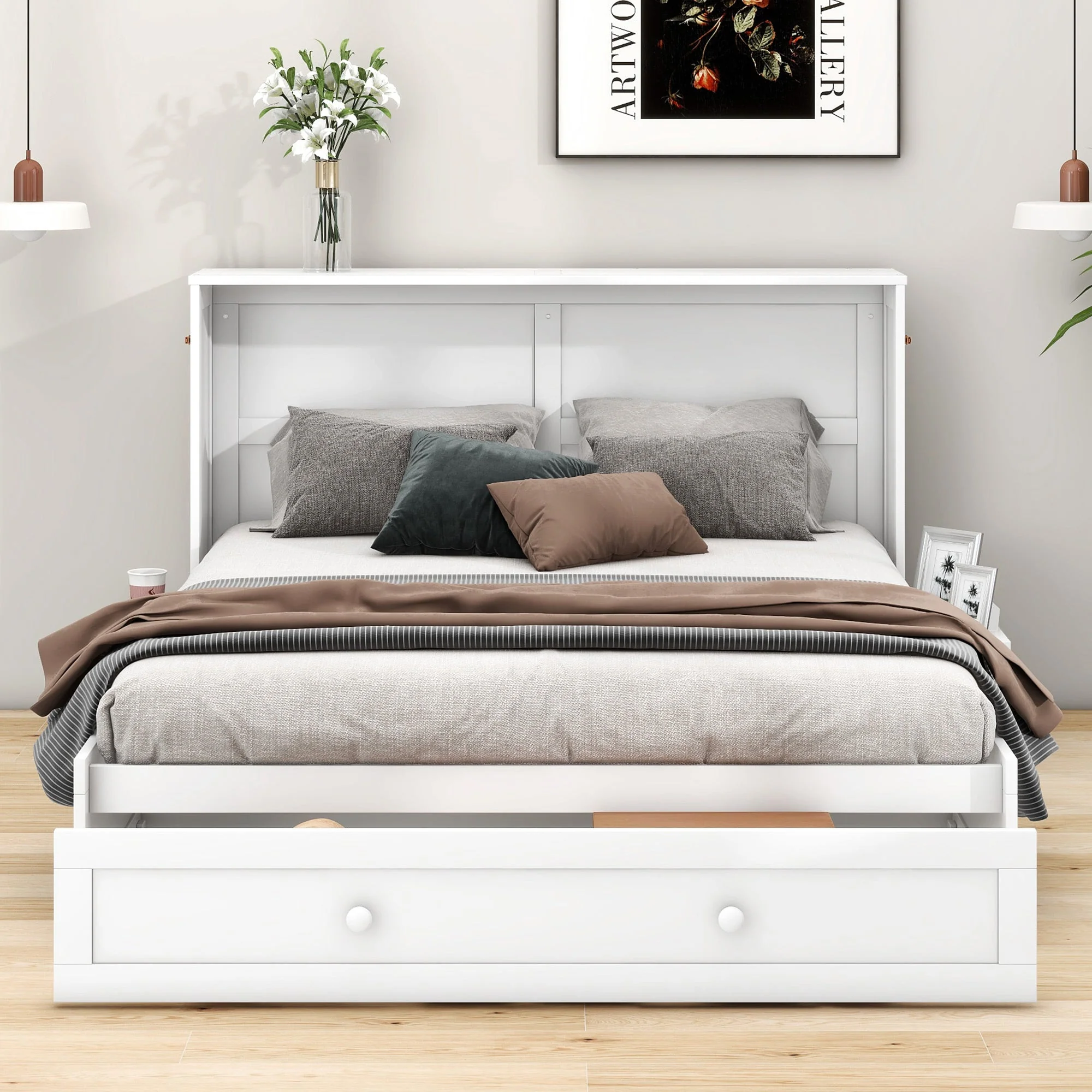 Mobile Murphy Bed 140x200 Drawers Side Shelf, White - Image 2