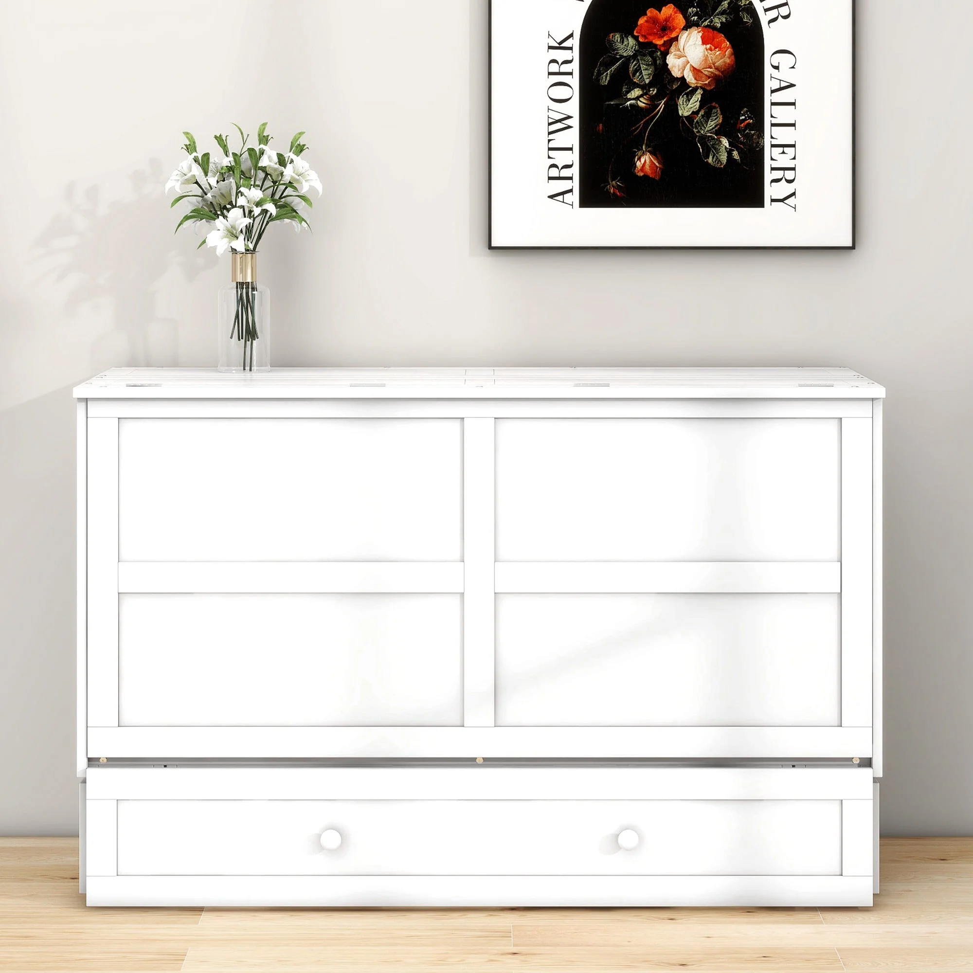 Mobile Murphy Bed 140x200 Drawers Side Shelf, White - Image 3