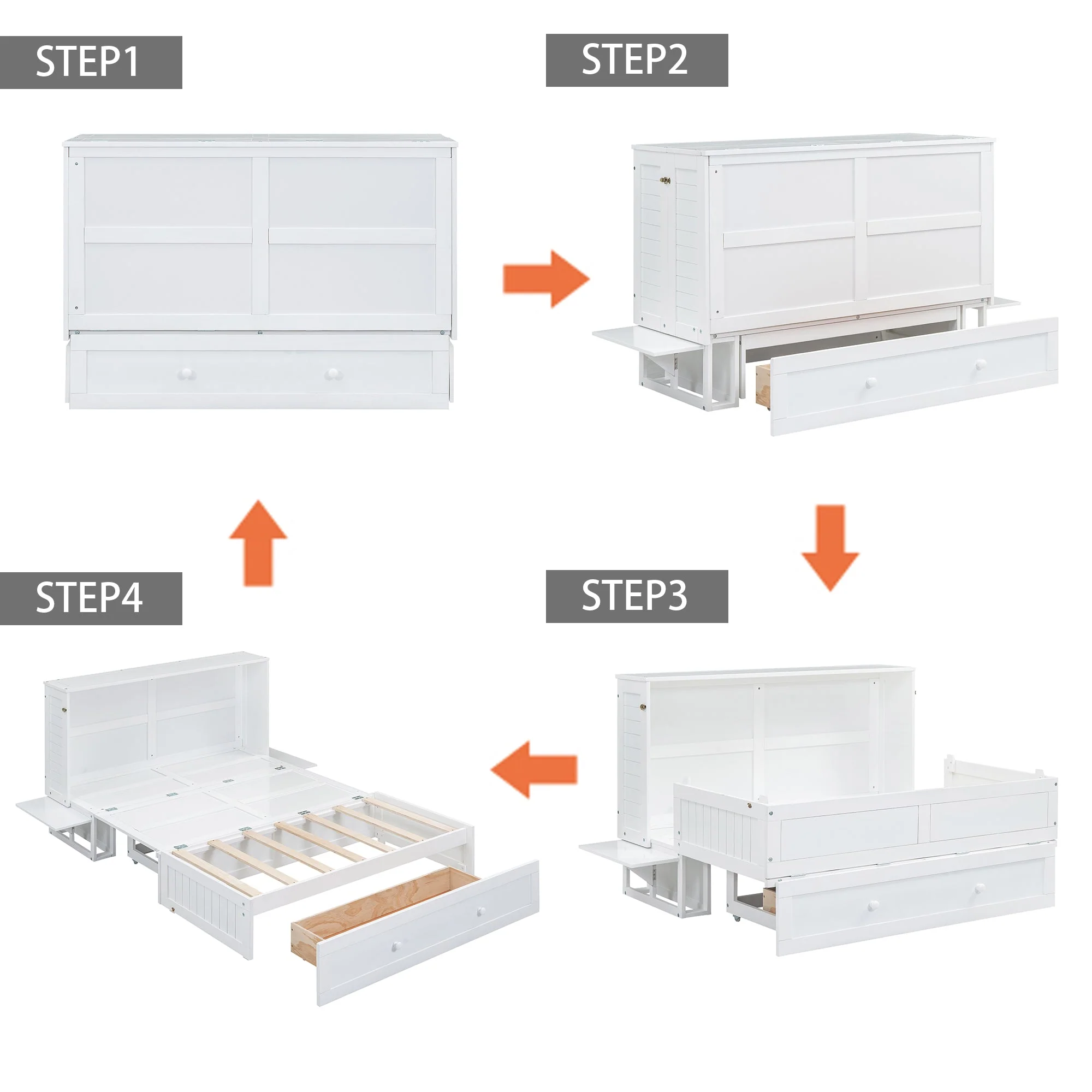 Mobile Murphy Bed 140x200 Drawers Side Shelf, White - Image 4