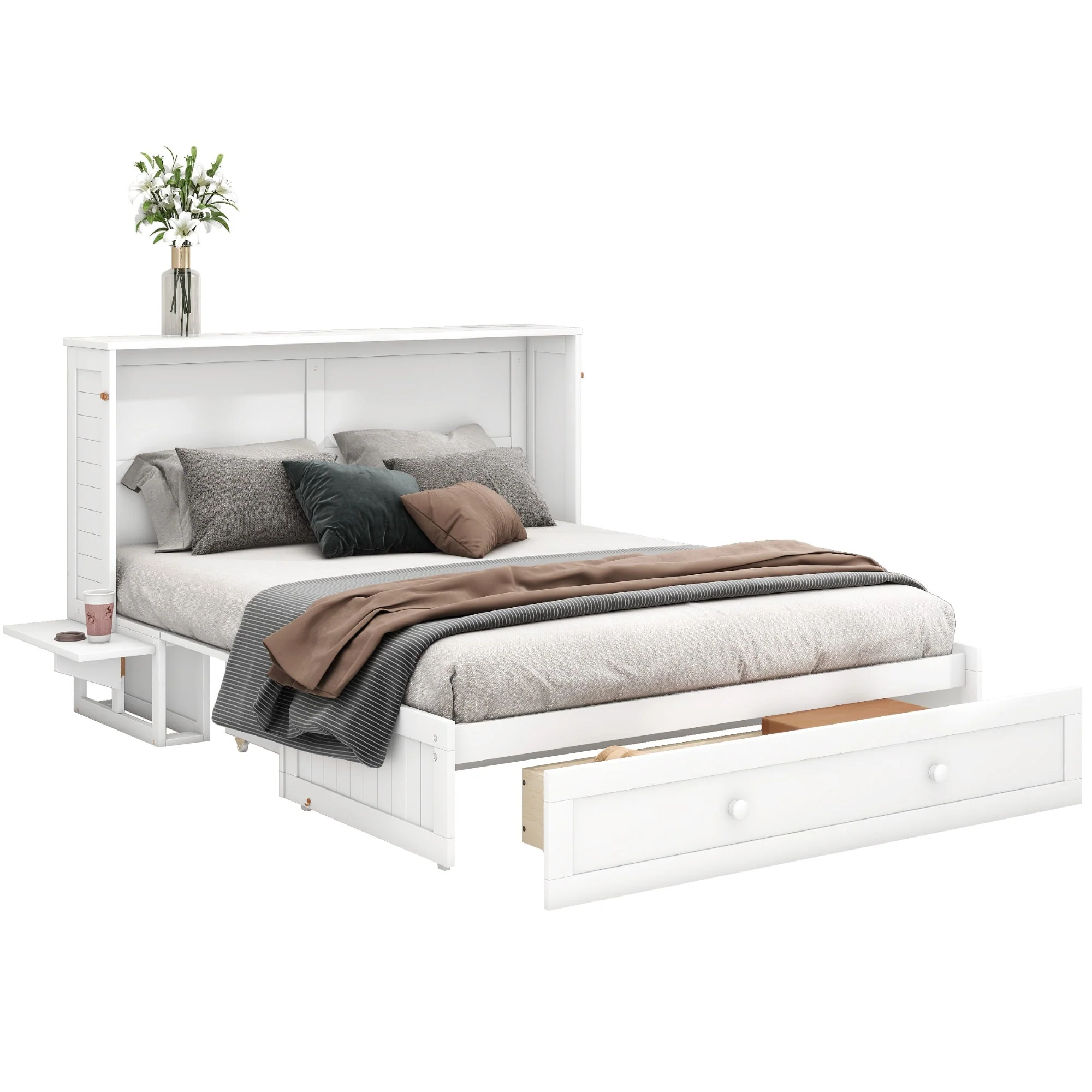 Mobile Murphy Bed 140x200 Drawers Side Shelf, White - Image 6