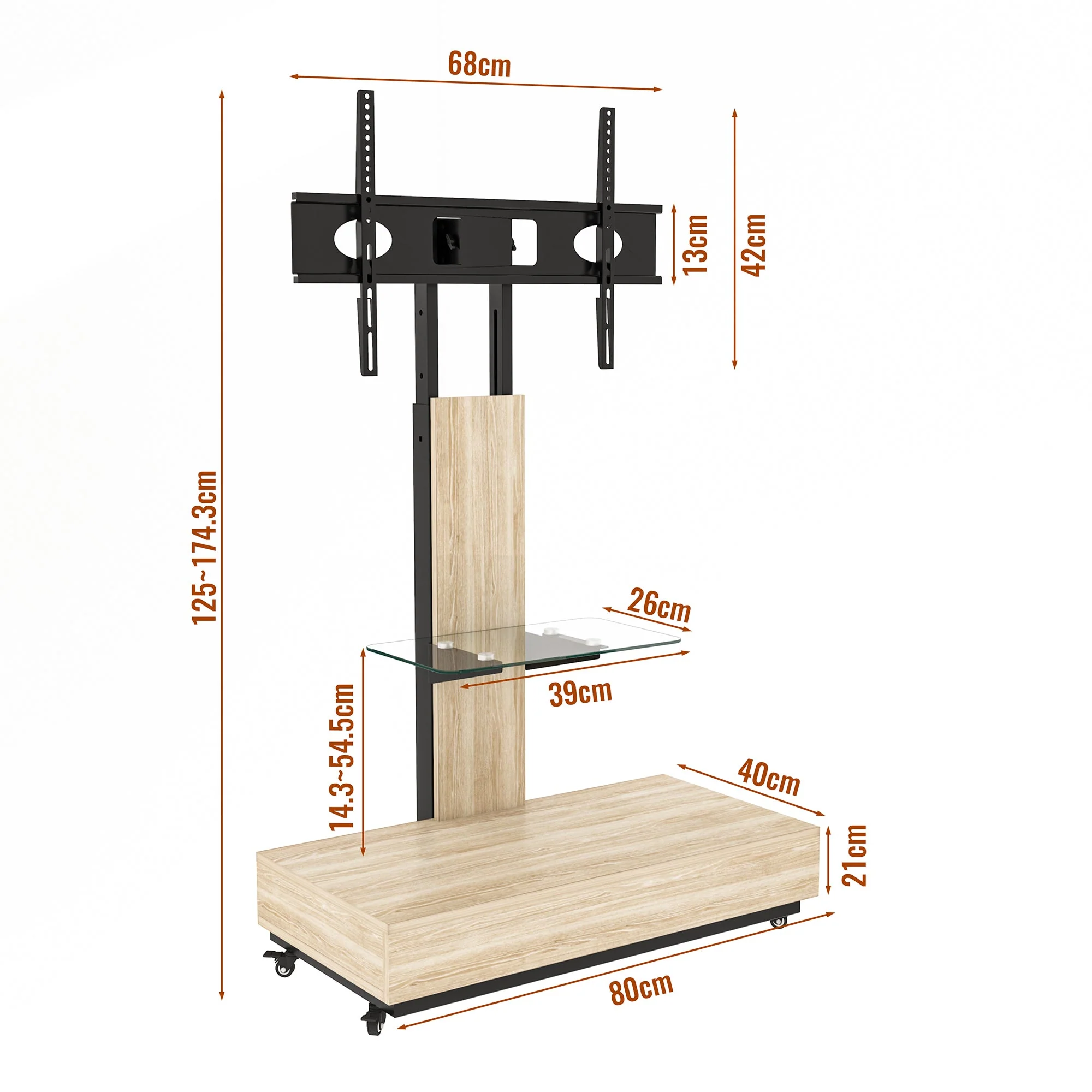 Mobile TV Cart - Height Adjustable Drawers for 32-75 Inch TVs - Natural Finish - Image 3