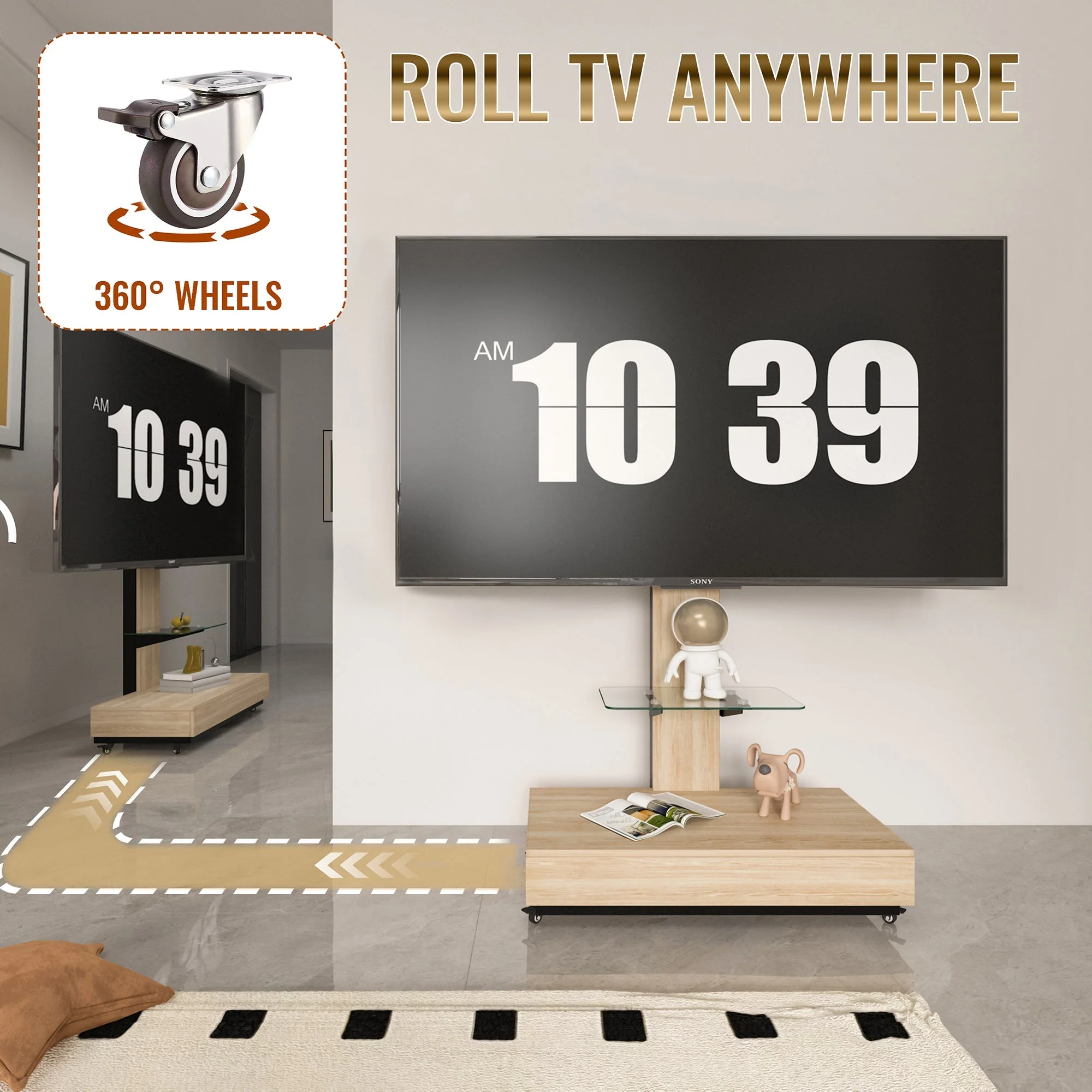 Mobile TV Cart - Height Adjustable Drawers for 32-75 Inch TVs - Natural Finish - Image 9