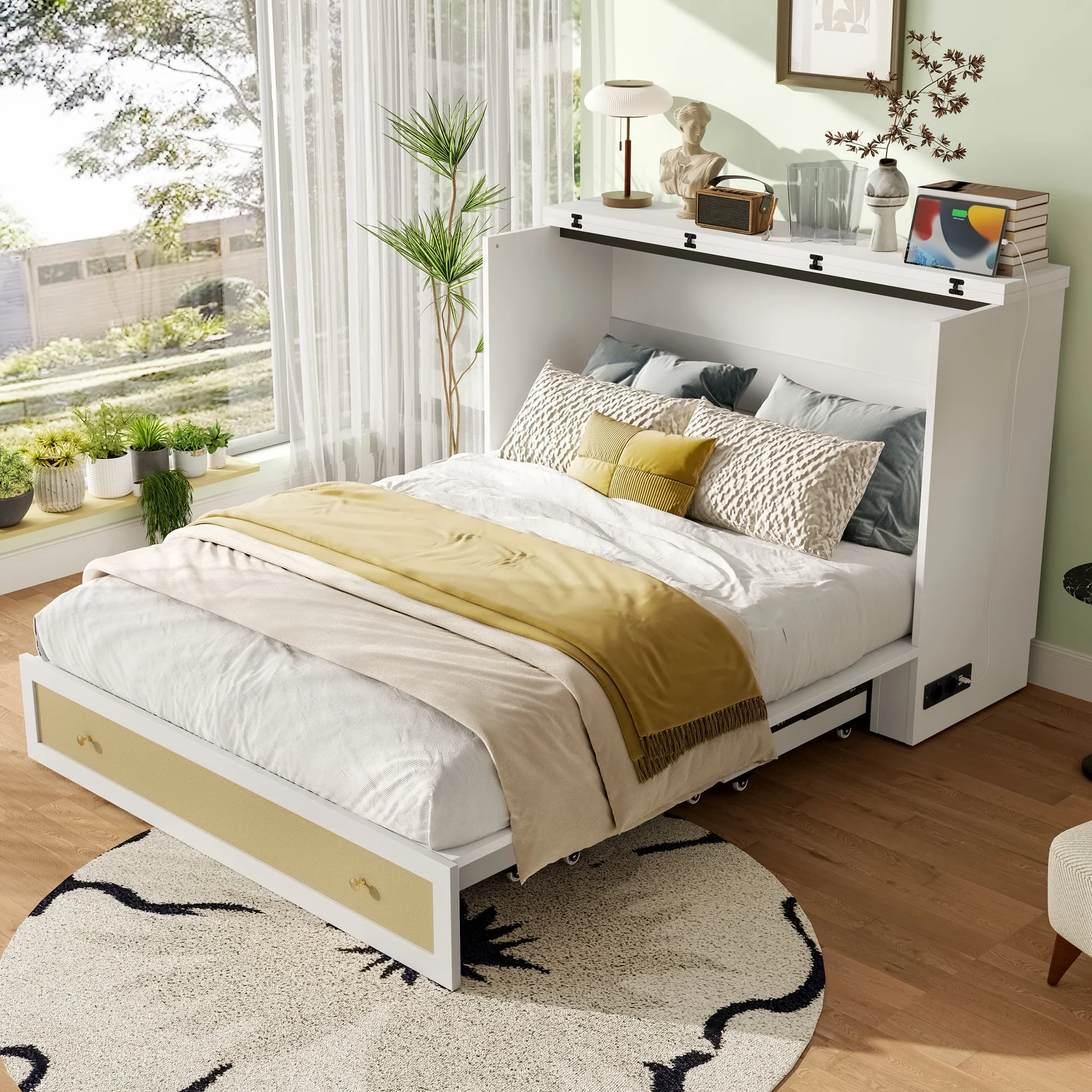 Mobile Wall Bed 140x200 Convertible Storage Drawers Shelf USB/Power Outlet - White - Image 6