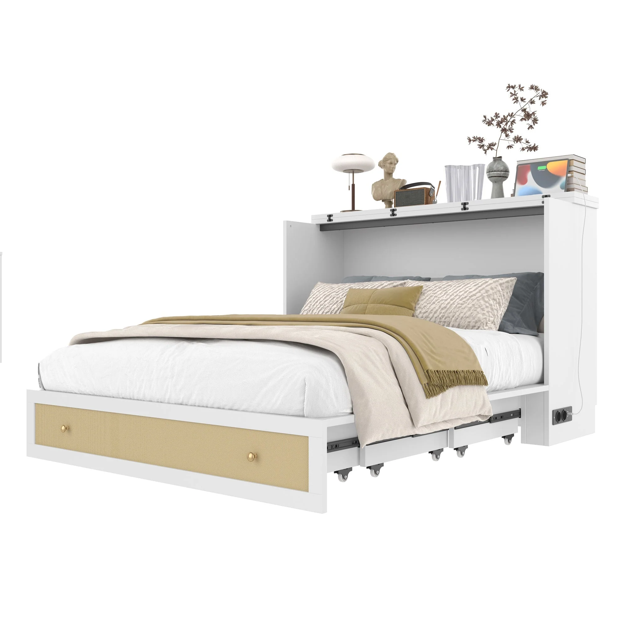 Mobile Wall Bed 140x200 Convertible Storage Drawers Shelf USB/Power Outlet - White - Image 8