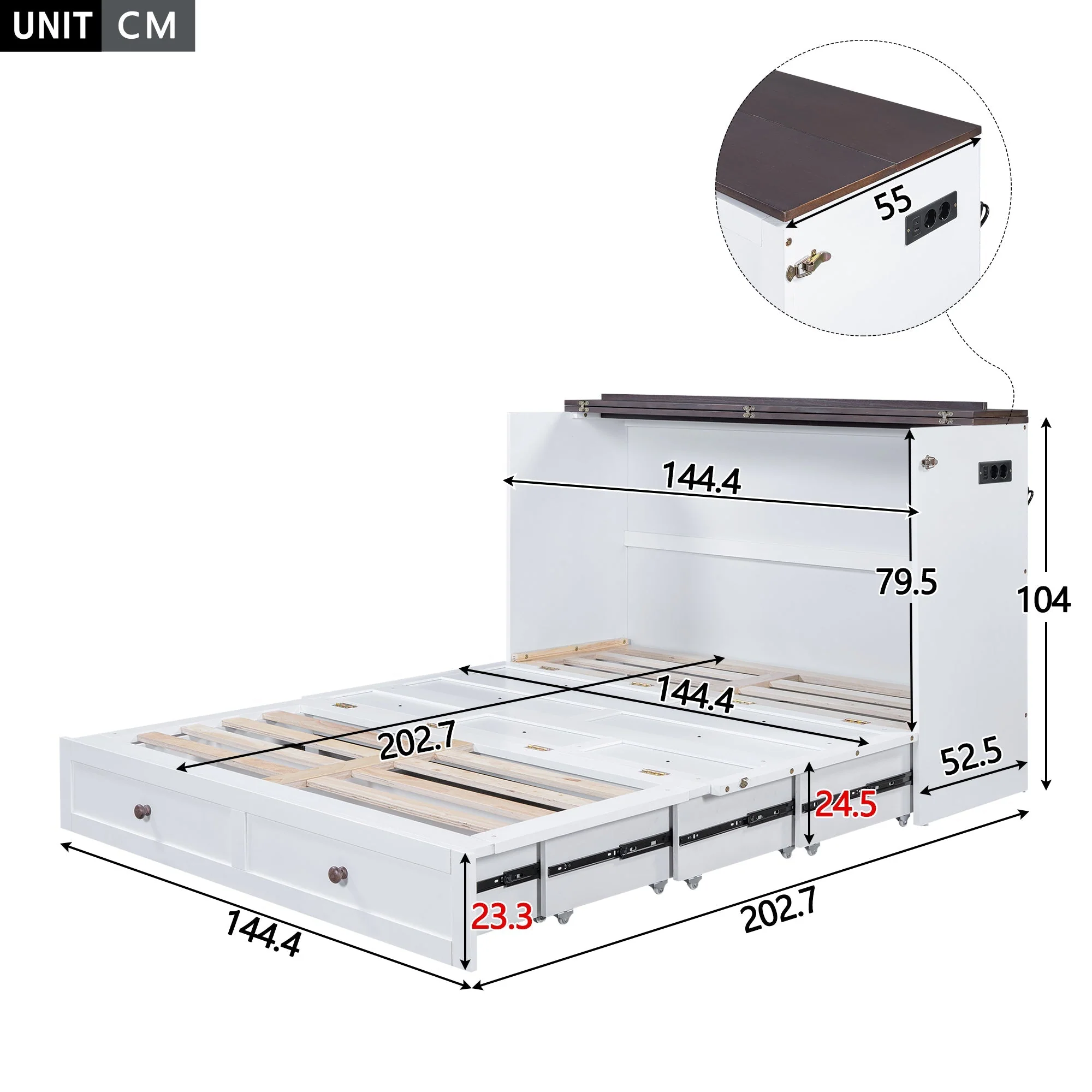 Mobile Wall Bed 140x200cm Convertible Storage Drawers Shelf USB Outlet - White - Image 7
