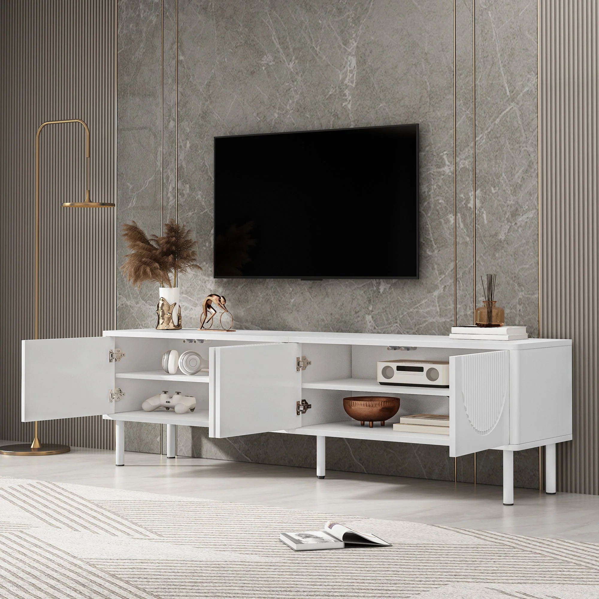 Modern 180cm TV Stand with Storage and Cable Management, White Matte - Image 7