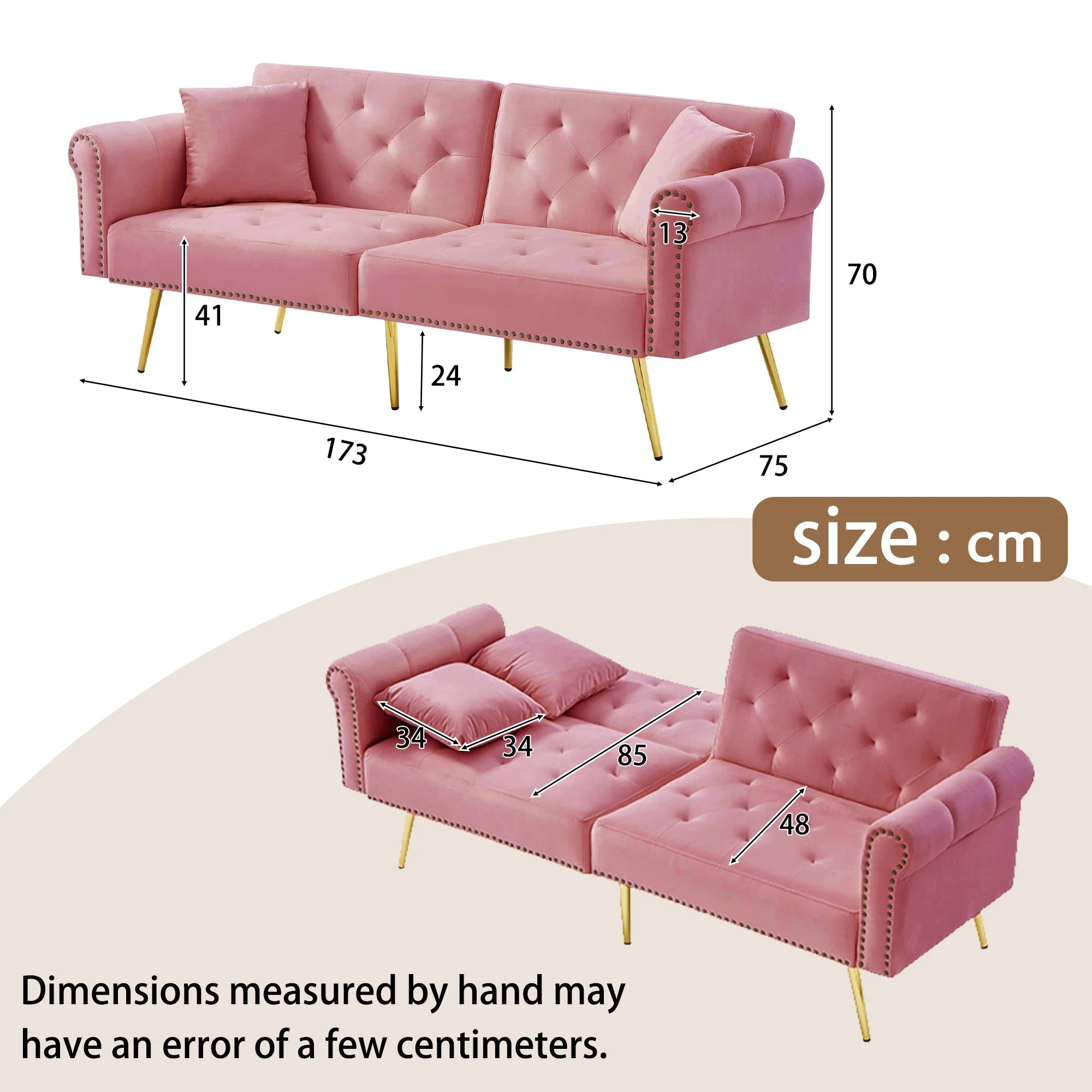 Modern 2-Seater Sofa Bed, Adjustable Backrest, Gold-Plated Metal Feet, Velvet - Image 4