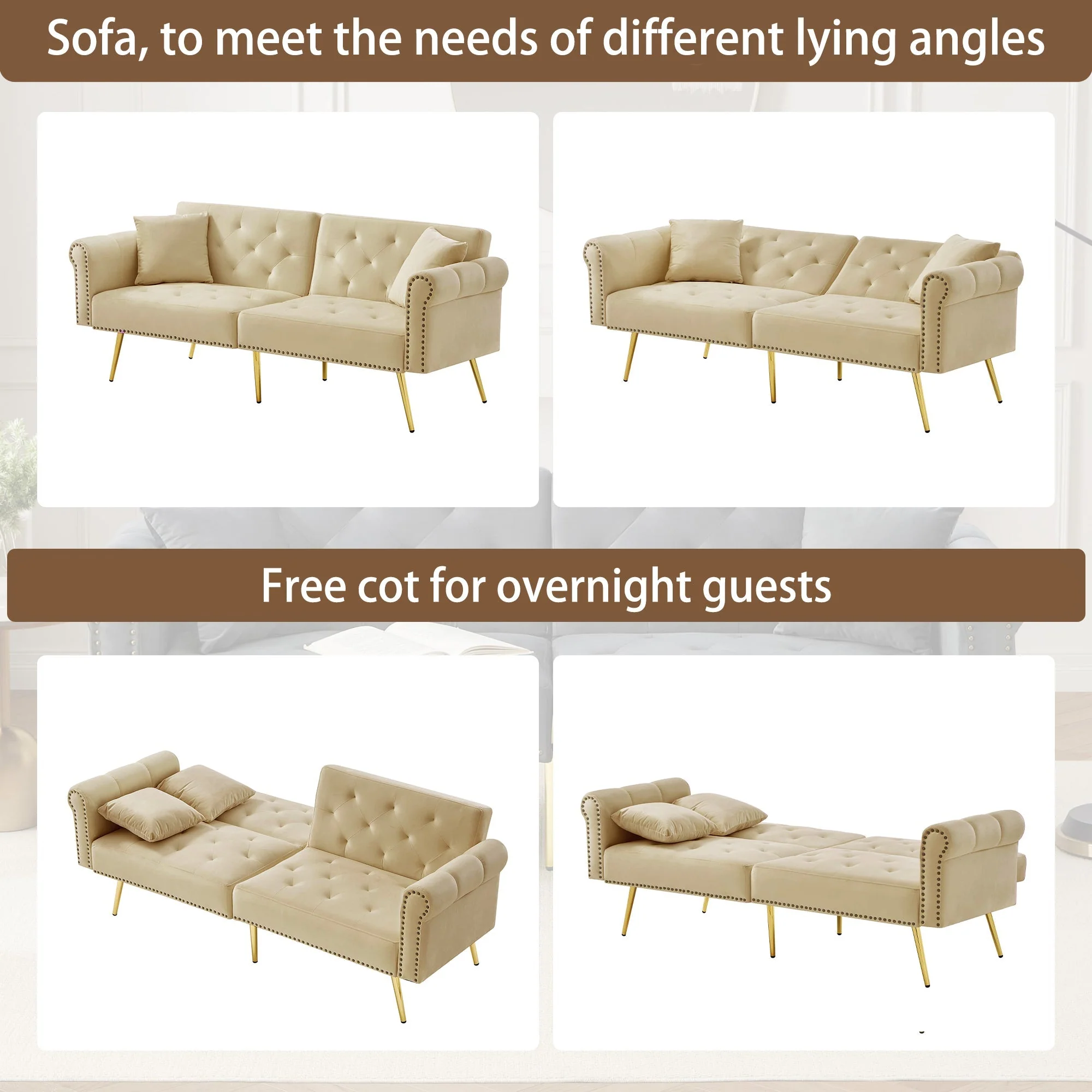 Modern 2-Seater Sofa Bed with 3-Stage Adjustable Backrest, Velvet - Image 15